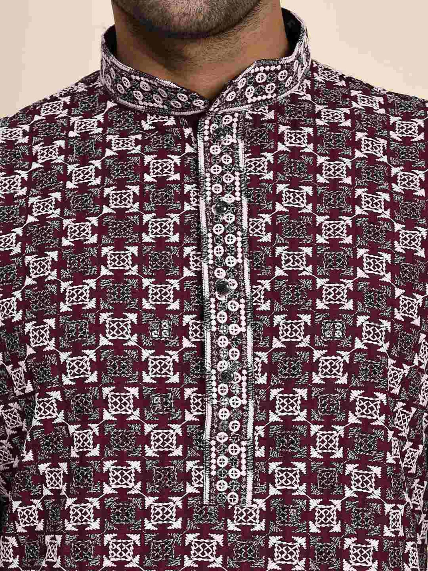 Pro-Ethic Style Developer Wine & White Cotton Regular Fit Embellished Kurta Bottom Set