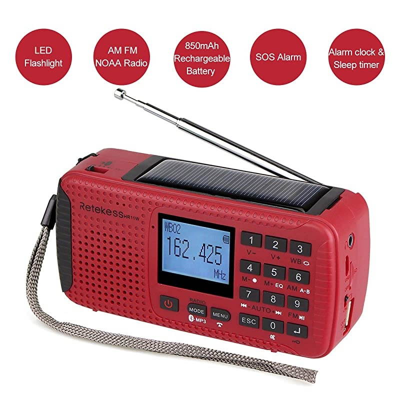 HR11W Digital NOAA Weather Radio, Solar Radio Bluetooth, Wind Up Radio Emergency with Phone Charger, TF Socket, SOS Alarm, for Hurricanes (Red)