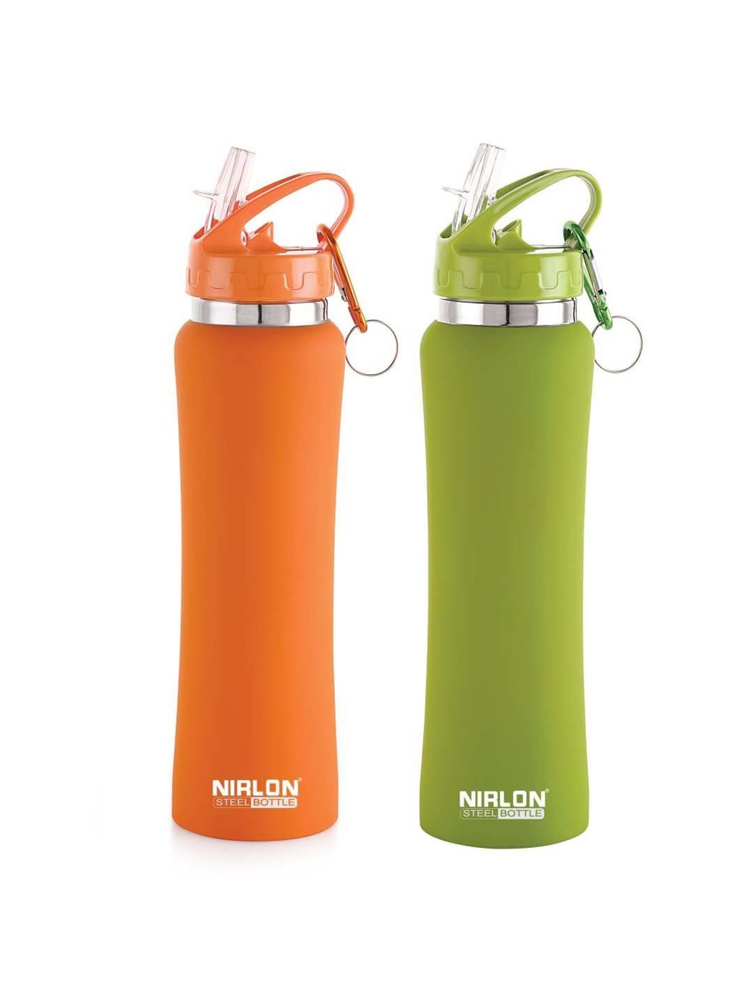 Nirlon Flip Bot Green & Orange Stainless Steel Water Bottle (0.75 L) - Set of 2