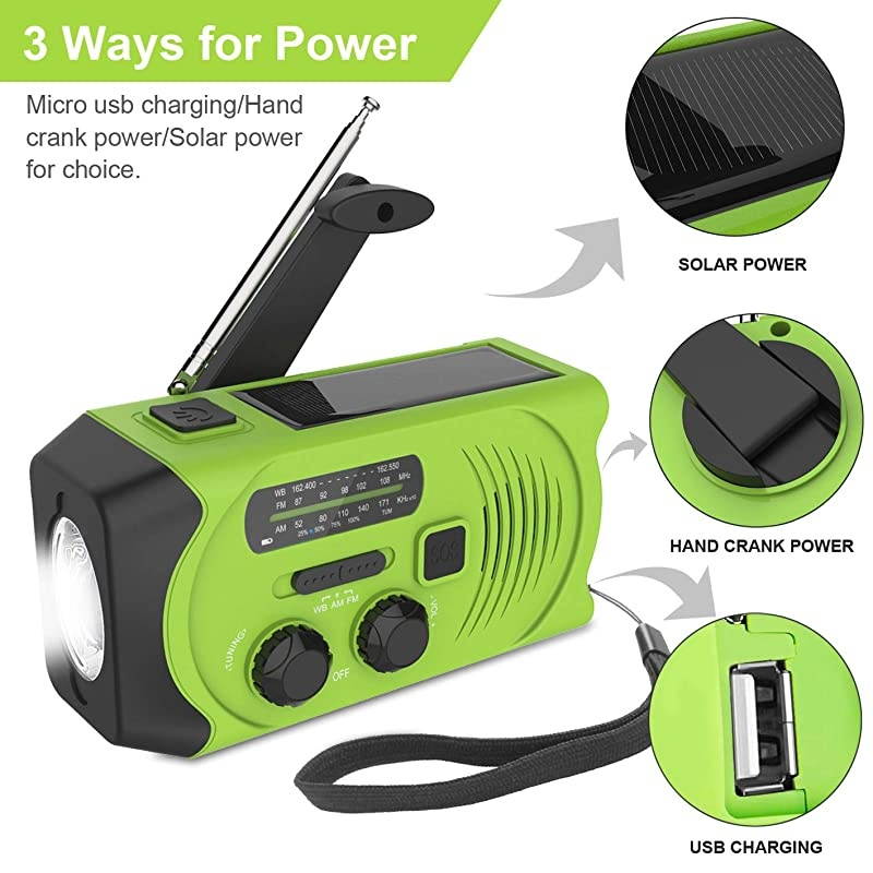 Emergency Solar Hand Crank Portable Radio NOAA Solar Hand Crank Portable Radio with MFM LED Flashlight Reading Lamp 2000mAh USB Power Bank