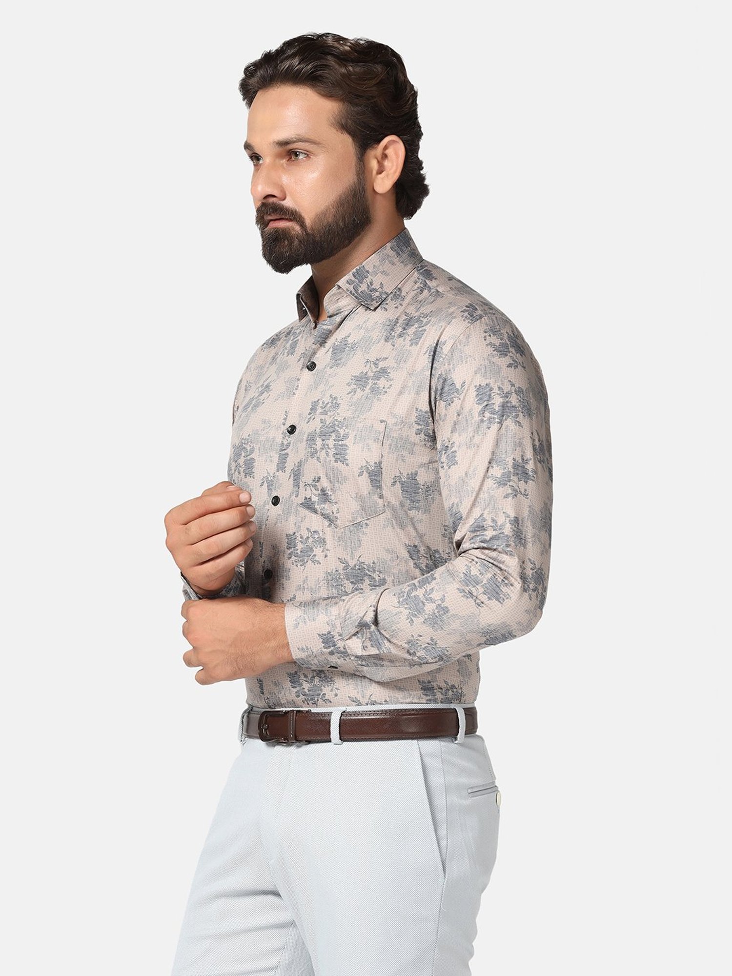 TAHVO Grey Slim Fit Printed Shirt