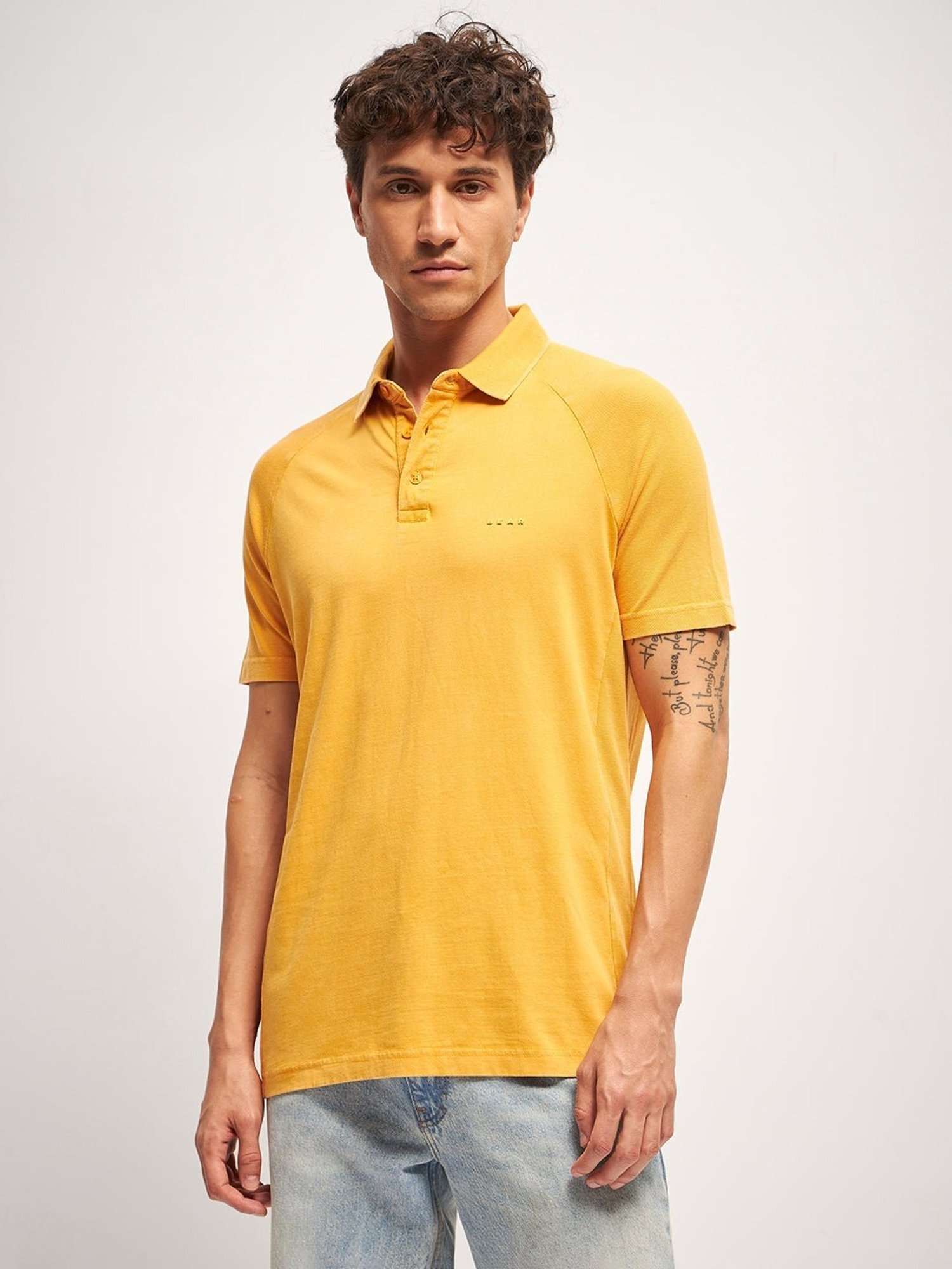 The Bear House Yellow Cotton Regular Fit Self Pattern Polo T-Shirt