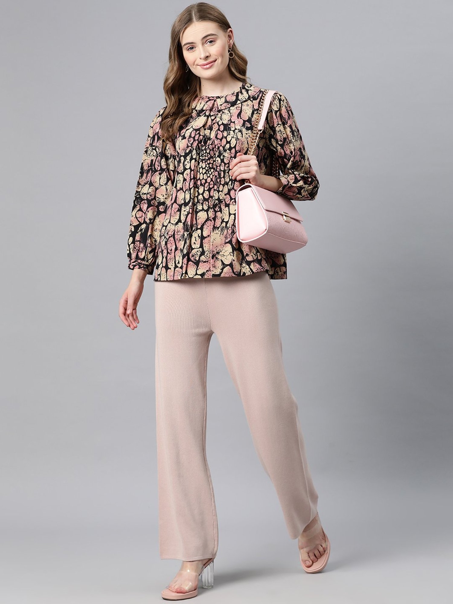 Cottinfab Beige & Black Printed Top