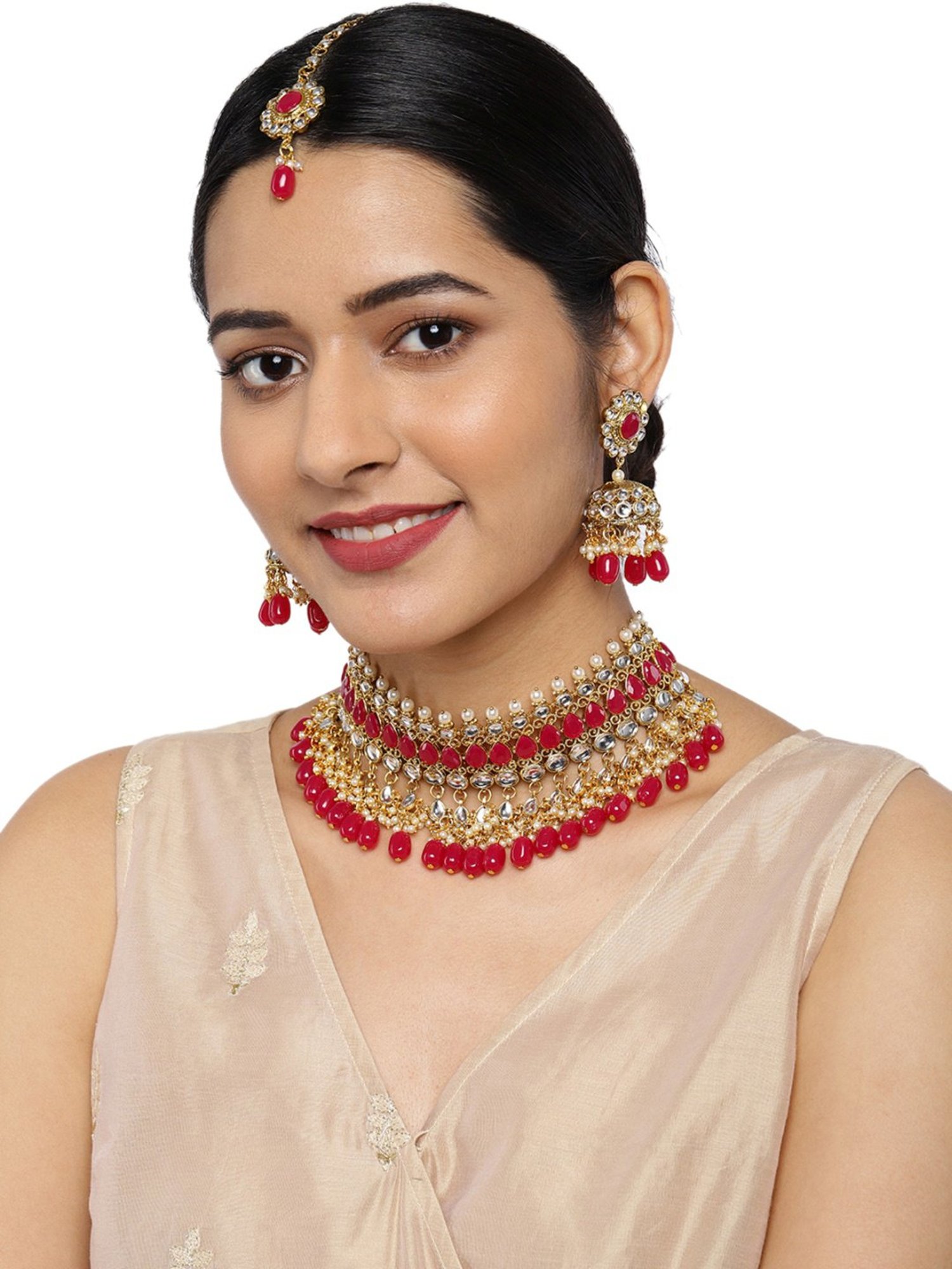 Zaveri Pearls Rani Pink Kundan And Dangling Beads Necklace Earring Maangtikka Set-ZPFK8865