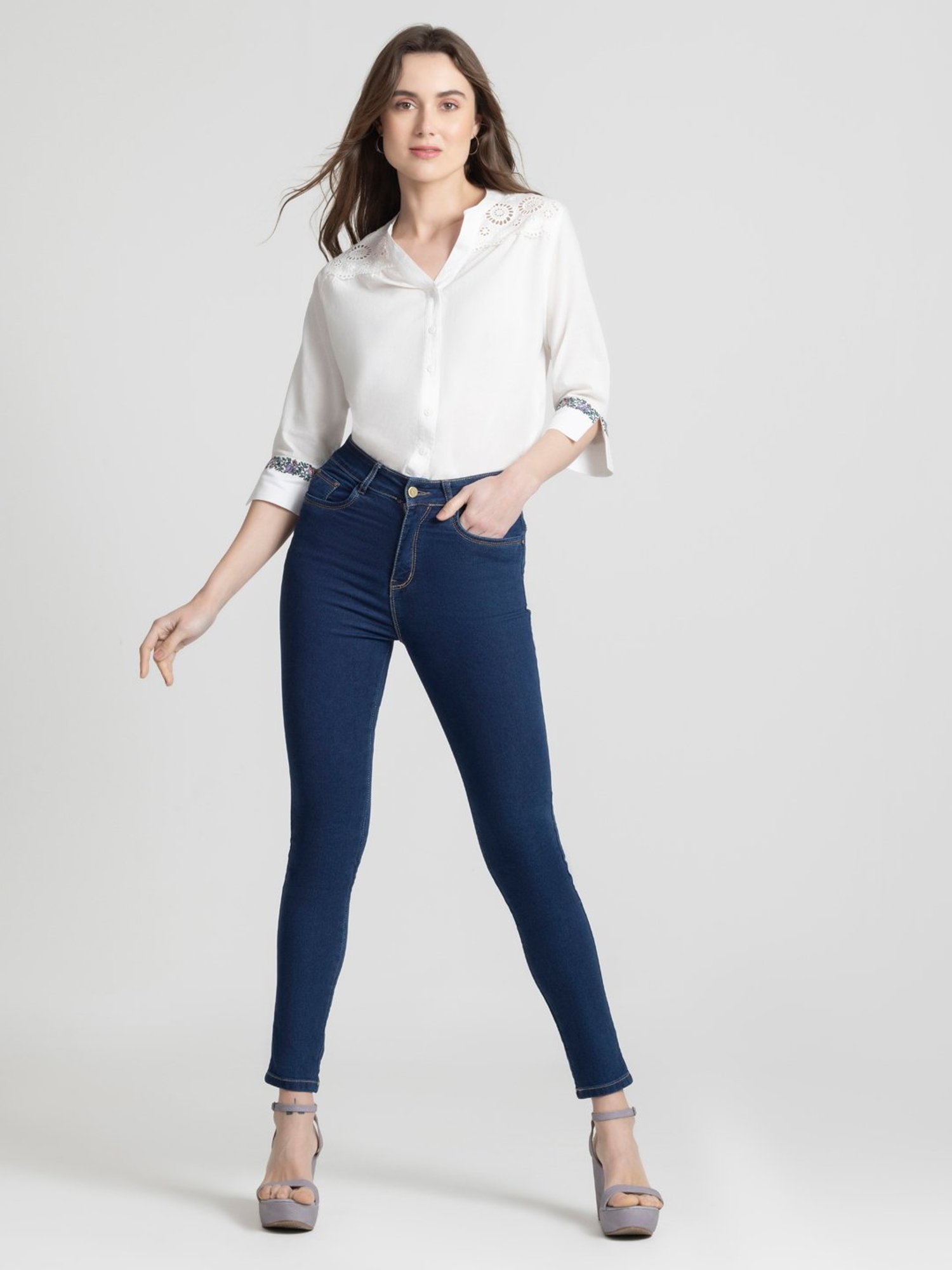 SHAYE White Cotton Self Design Top