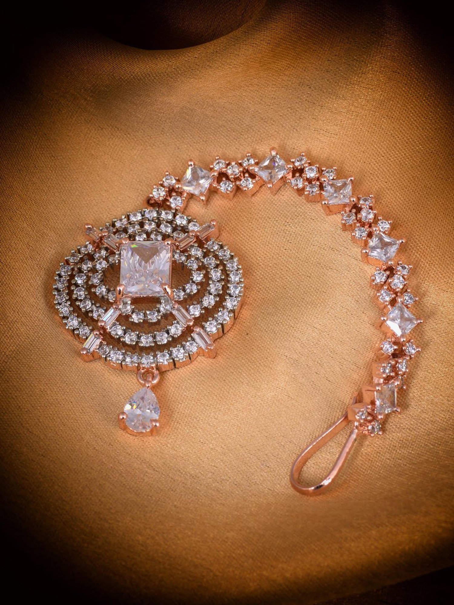 Saraf Rs Jewellery Solitaire Maang Tikka American Diamond Studded Gold Plated For Women & Girls