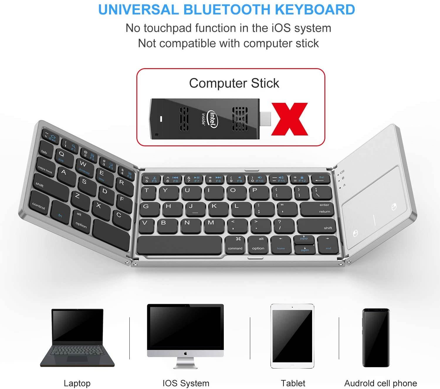 Foldable Bluetooth Keyboard, Jelly Comb Dual Mode Bluetooth & USB Wired Rechargable Portable Mini BT Wireless Keyboard with Touchpad Mouse for Android, Windows, PC, Tablet-Black and Silver