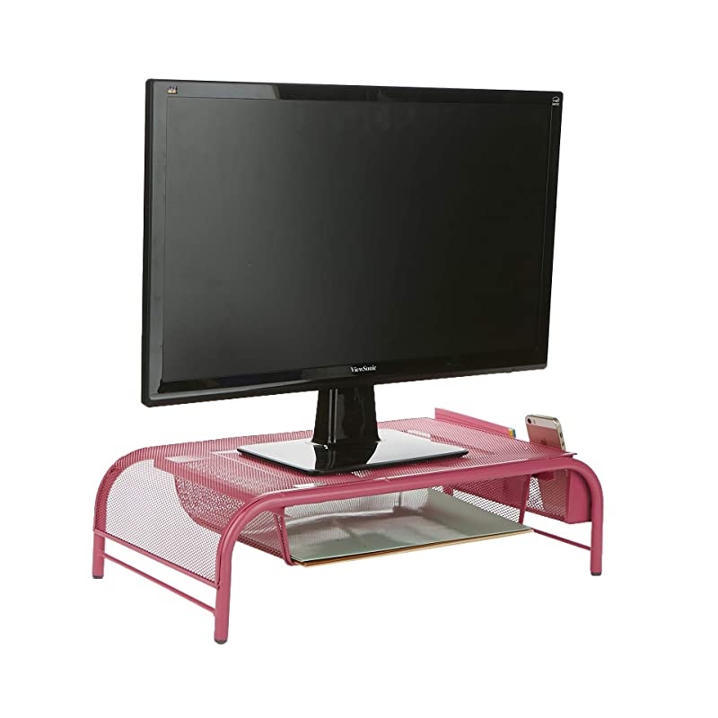 MESHMONSTA-PNK Metal Mesh Desk Drawer, Desktop Monitor Stand Organizer, Pink