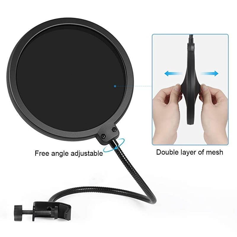Upgraded Microphone Pop Filter Mask Shield Dual Layered Wind Pop Screen with Flexible 360 Gooseneck Clip Stabilizing Arm for Awesome Premium Recordings Broadcasting Streaming Singing