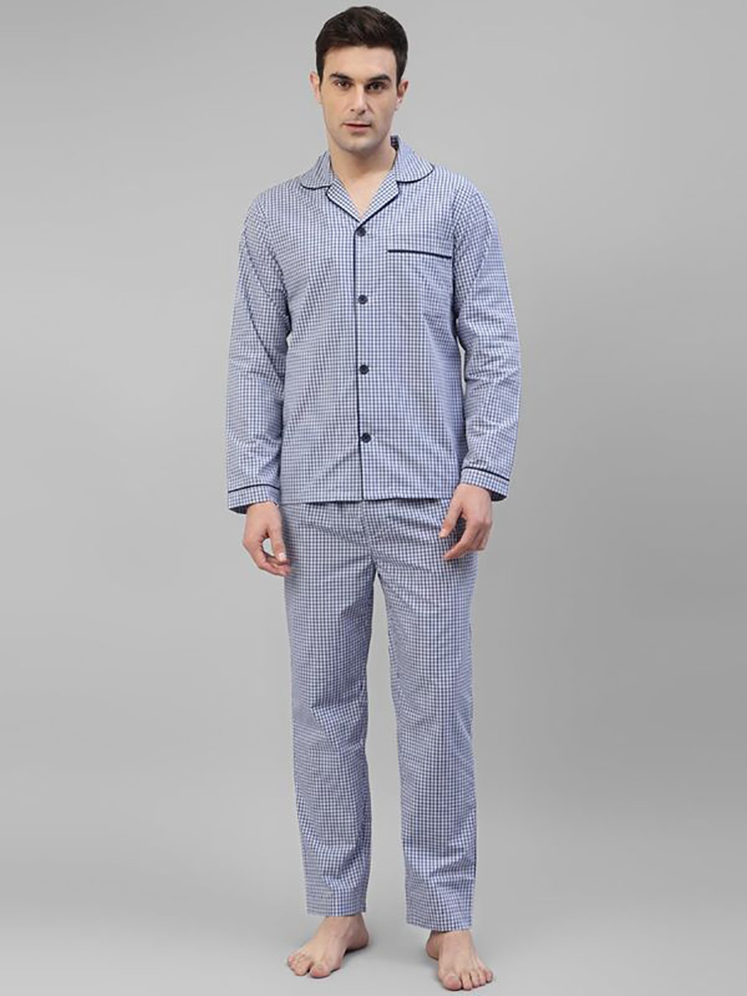 Hancock White Cotton Regular Fit Checks Lounge Sets