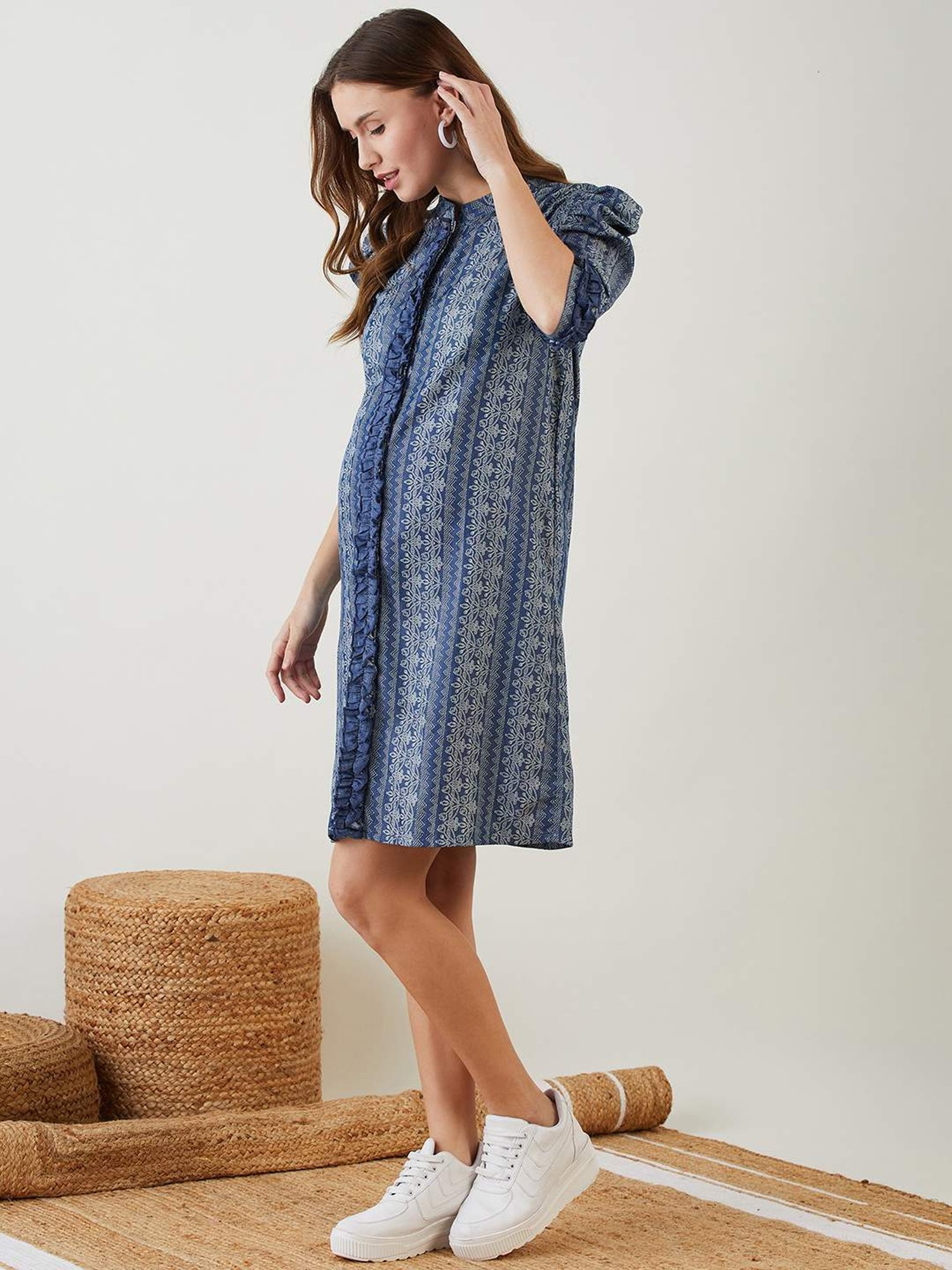 The Kaftan Company Blue Cotton Printed Maternity Dress