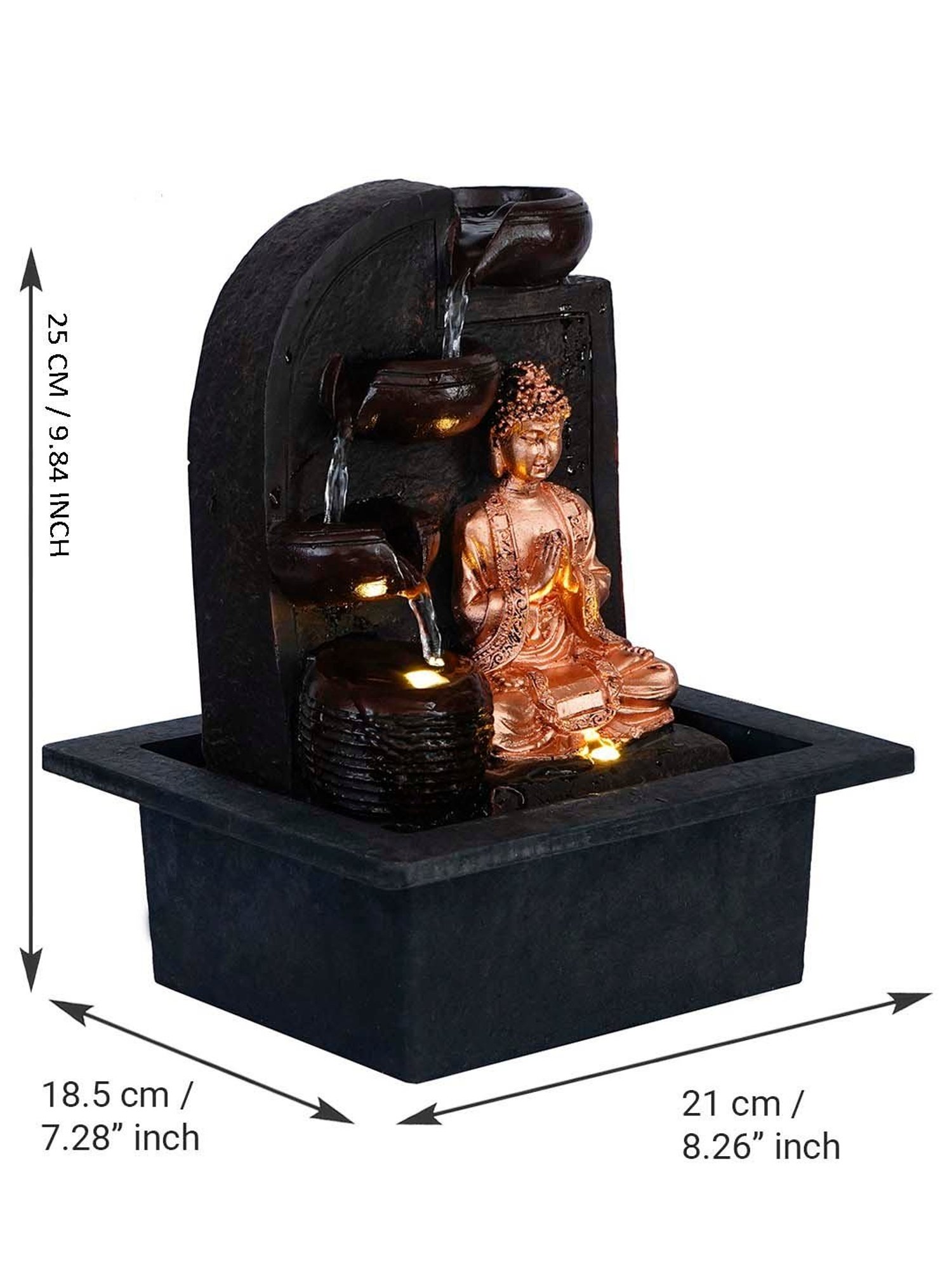 CHRONIKLE Brown & Golden Polyresin Namaskara Mudra Buddha 3 Steps Waterfall Fountain