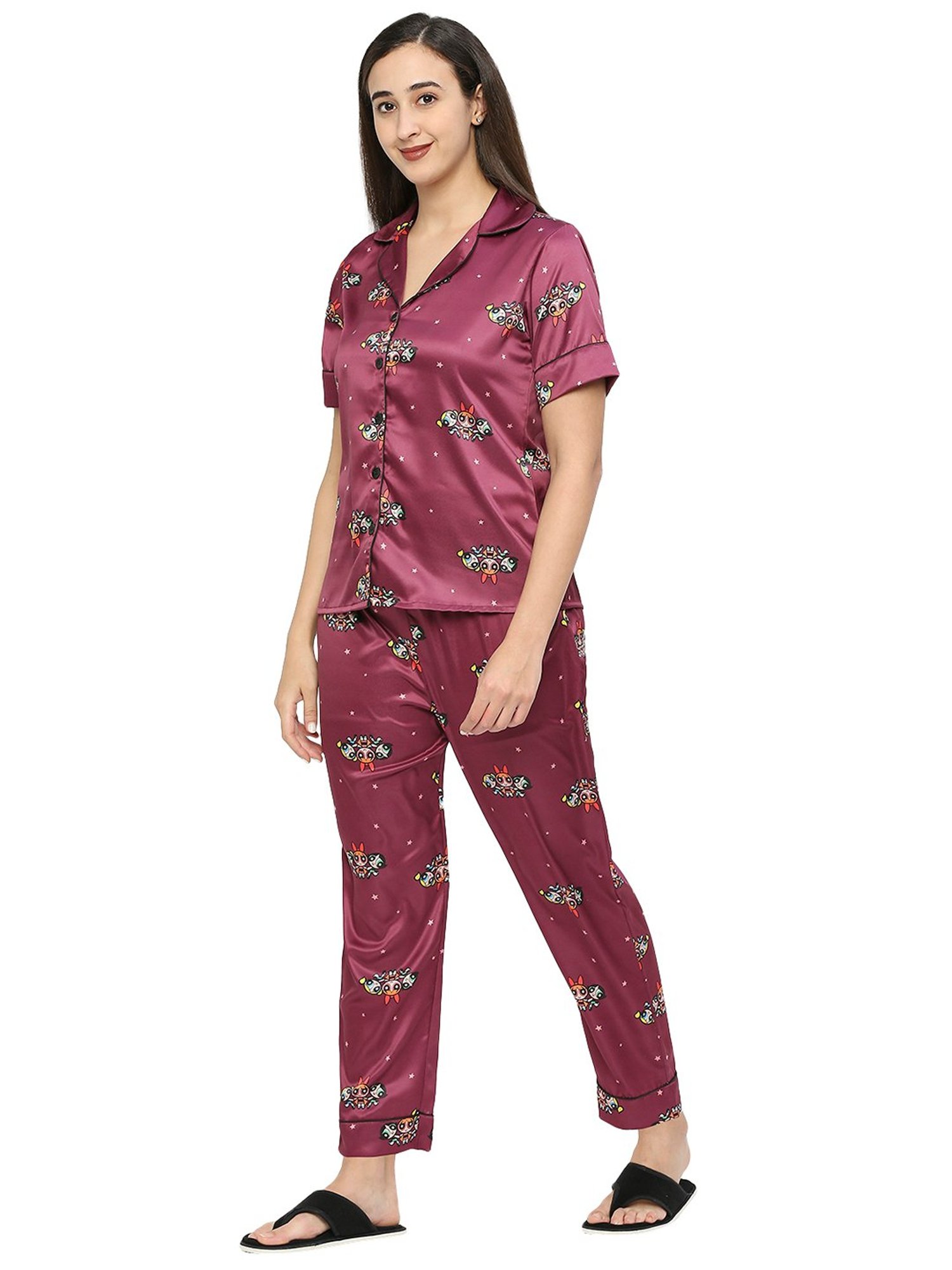 Smarty Pants Maroon Satin Print Shirt With Pyjamas