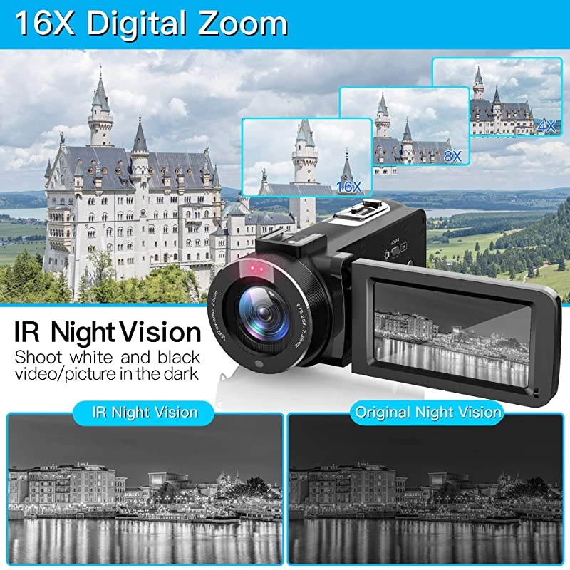 Camcorder Video Camera with Microphone, 2.7K UHD Vlogging Cameras for YouTube IR Night Vision 30FPS 36MP 16X Zoom 3.0 Inch 270&deg; Rotatable Touch Screen Remote Control 2 Batteries
