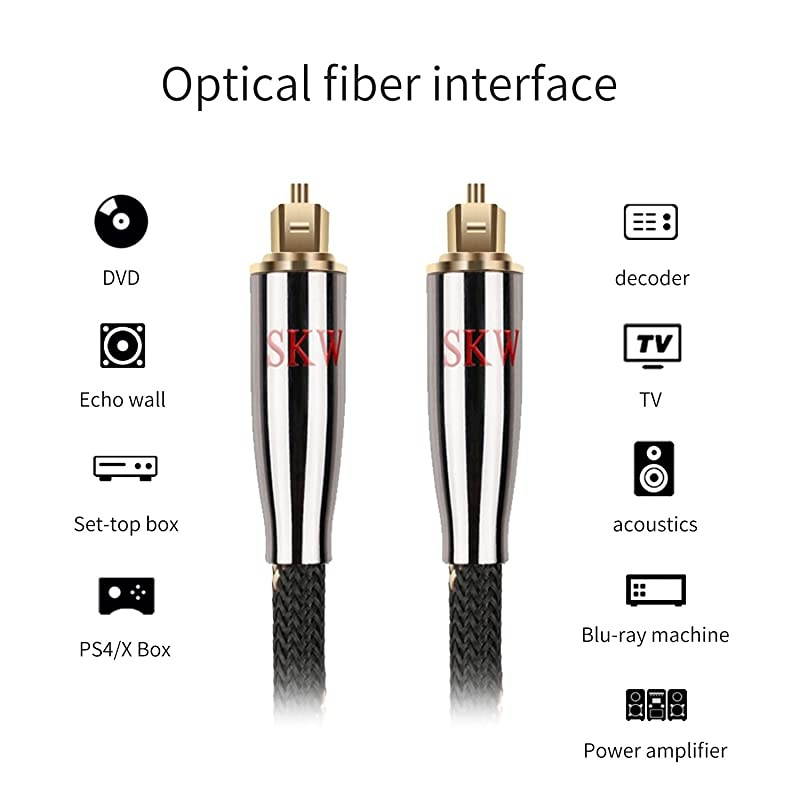 Optical Digital Audio Cable Home Theater Fiber Optic Toslink Male to Male Gold Plated Optical Cables SPDIF Metal Connectors Braided Nylon Jacket 10ft