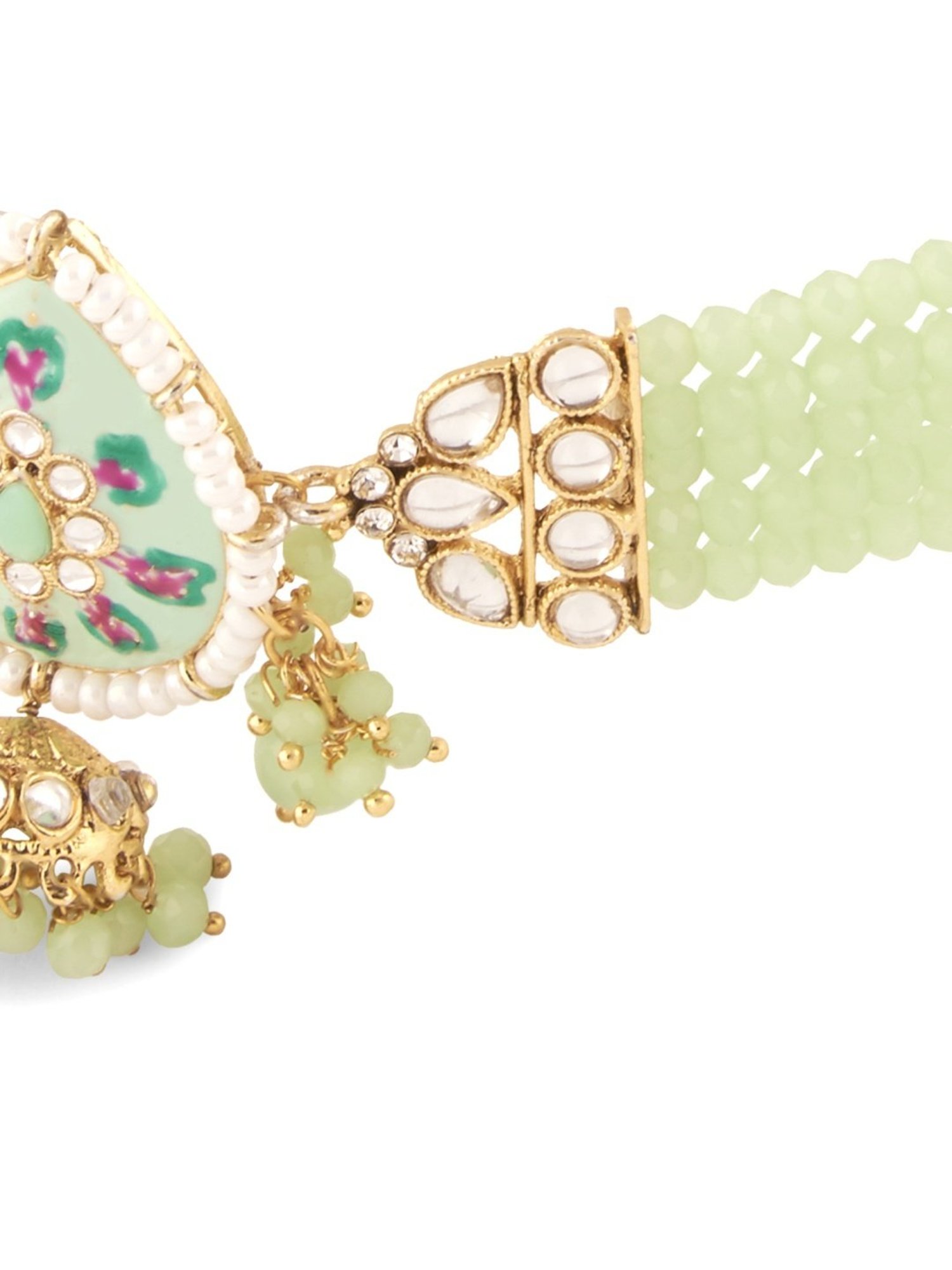 Zaveri Pearls Green Pink Meenakari Multistrand Necklace, Earring, Maangtikka & Ring Set