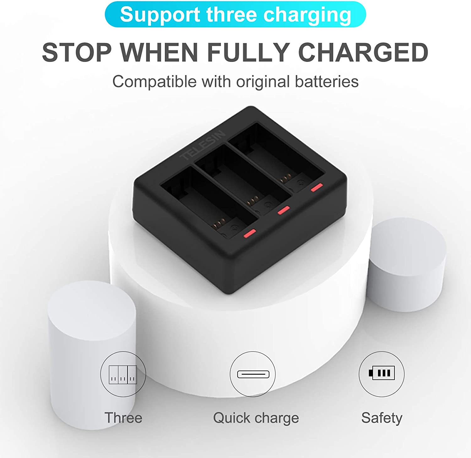 TELESIN 2-Pack Replacement Batteries (1750mAh) and 3-Channel USB Quick Charger with Type-C Cord for GoPro Hero 9 Black, Fully Compatible with Go Pro 9 Original Charger and Battery