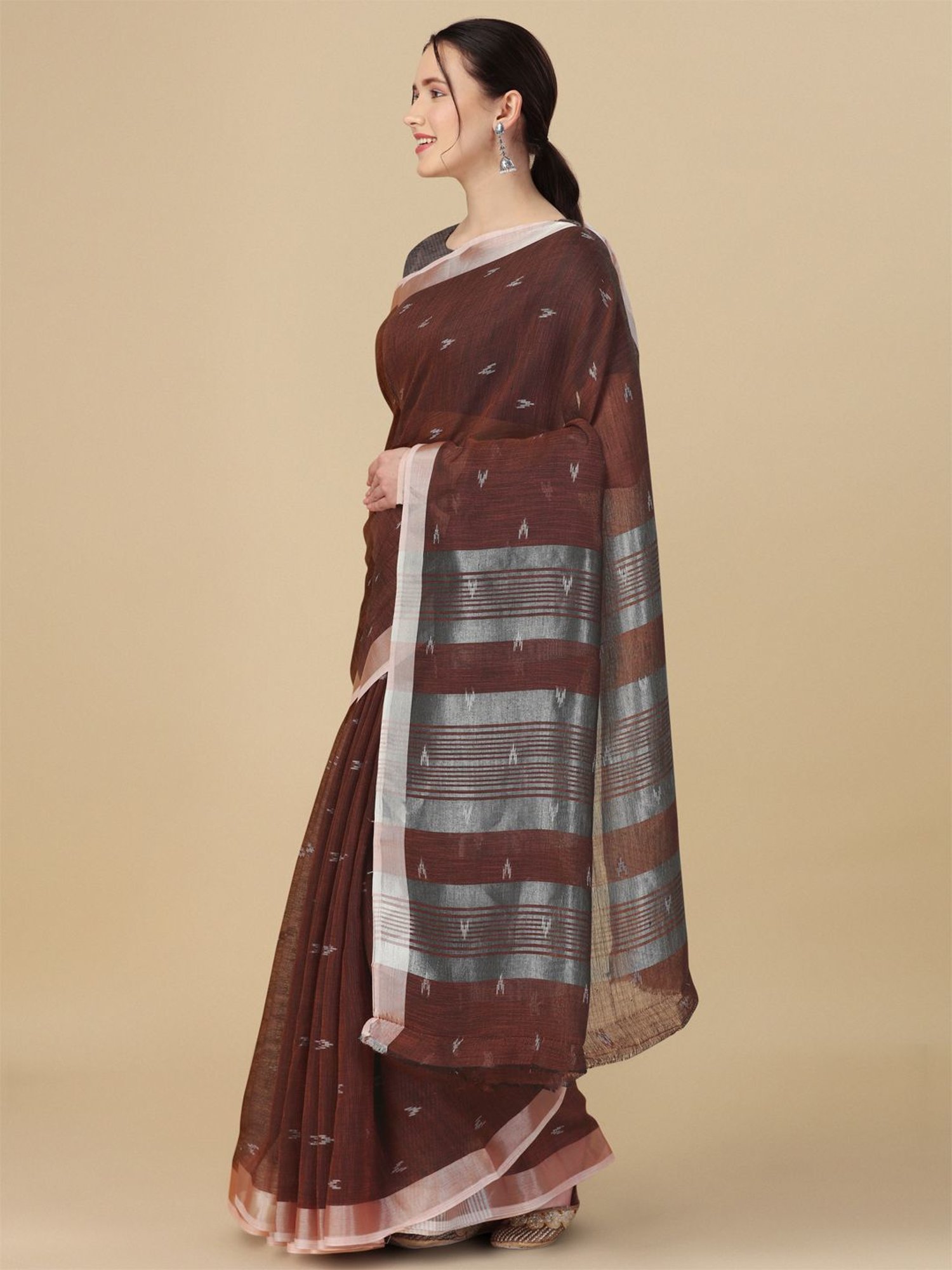 Elora Brown Linen Woven Saree With Unstitched Blouse