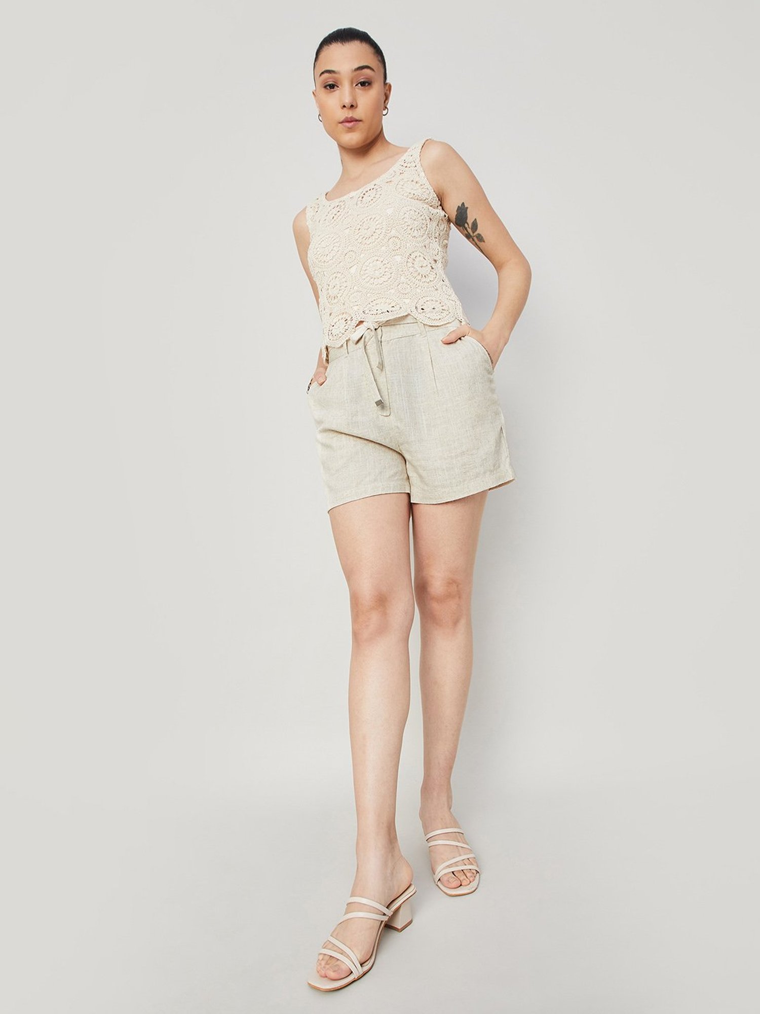 Code by Lifestyle Beige Self Design Shorts