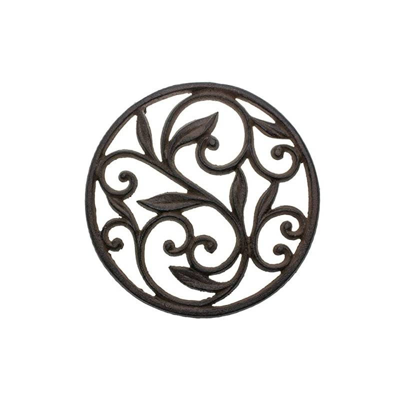 Iron Trivet - Round with Vintage Pattern - Decorative Iron Trivet For Kitchen Or Dining Table - 7.7" Diameter - Rust Brown Color - With Rubber Pegs