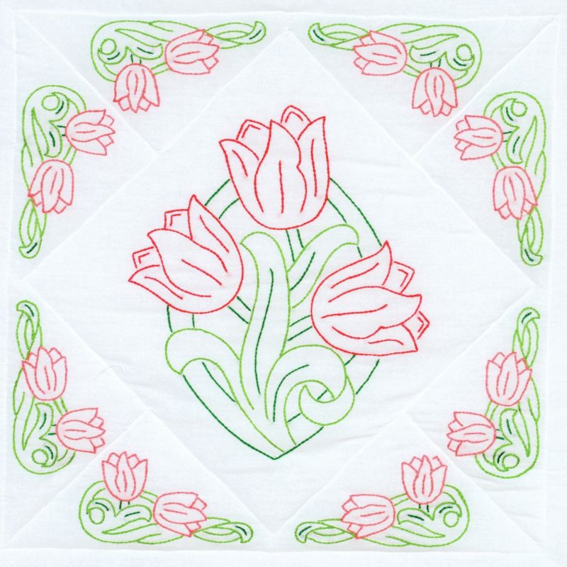 Jack Dempsey Stamped White Quilt Blocks 18"X18" 6/Pkg-Tulips