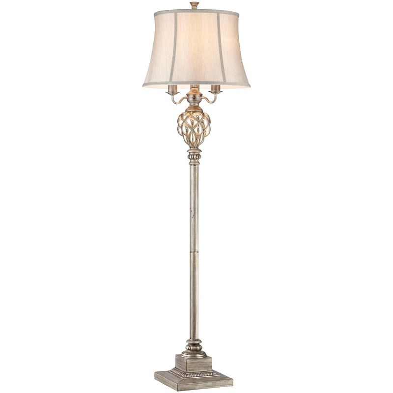 Barnes and Ivy Traditional Floor Lamp with Nightlight LED Olde Silver Mercury Glass Faux Silk Bell Shade for Living Room Reading