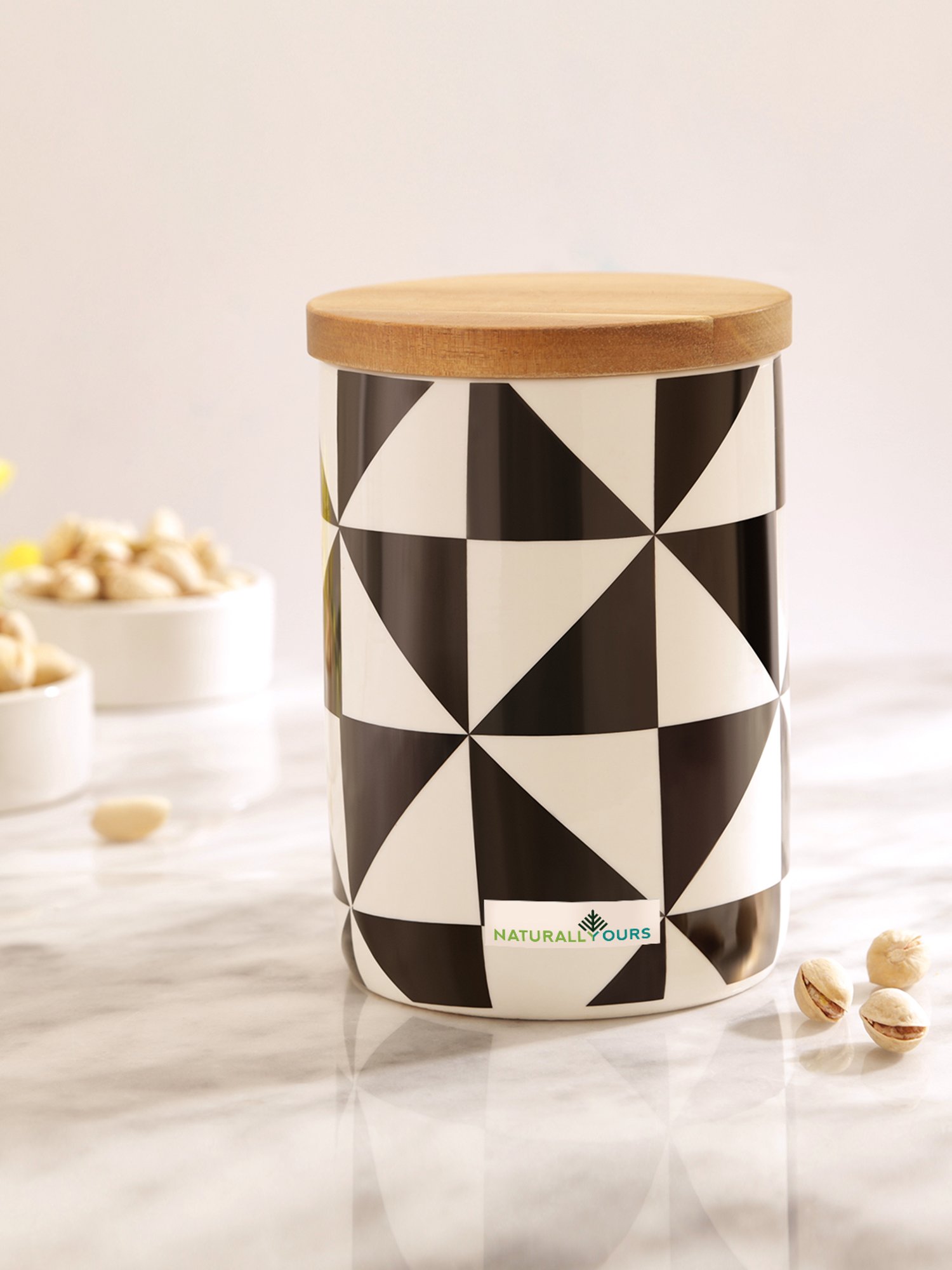 NATURALLYOURS Black & White Porcelain Jars With Wooden Lid - 860 ml