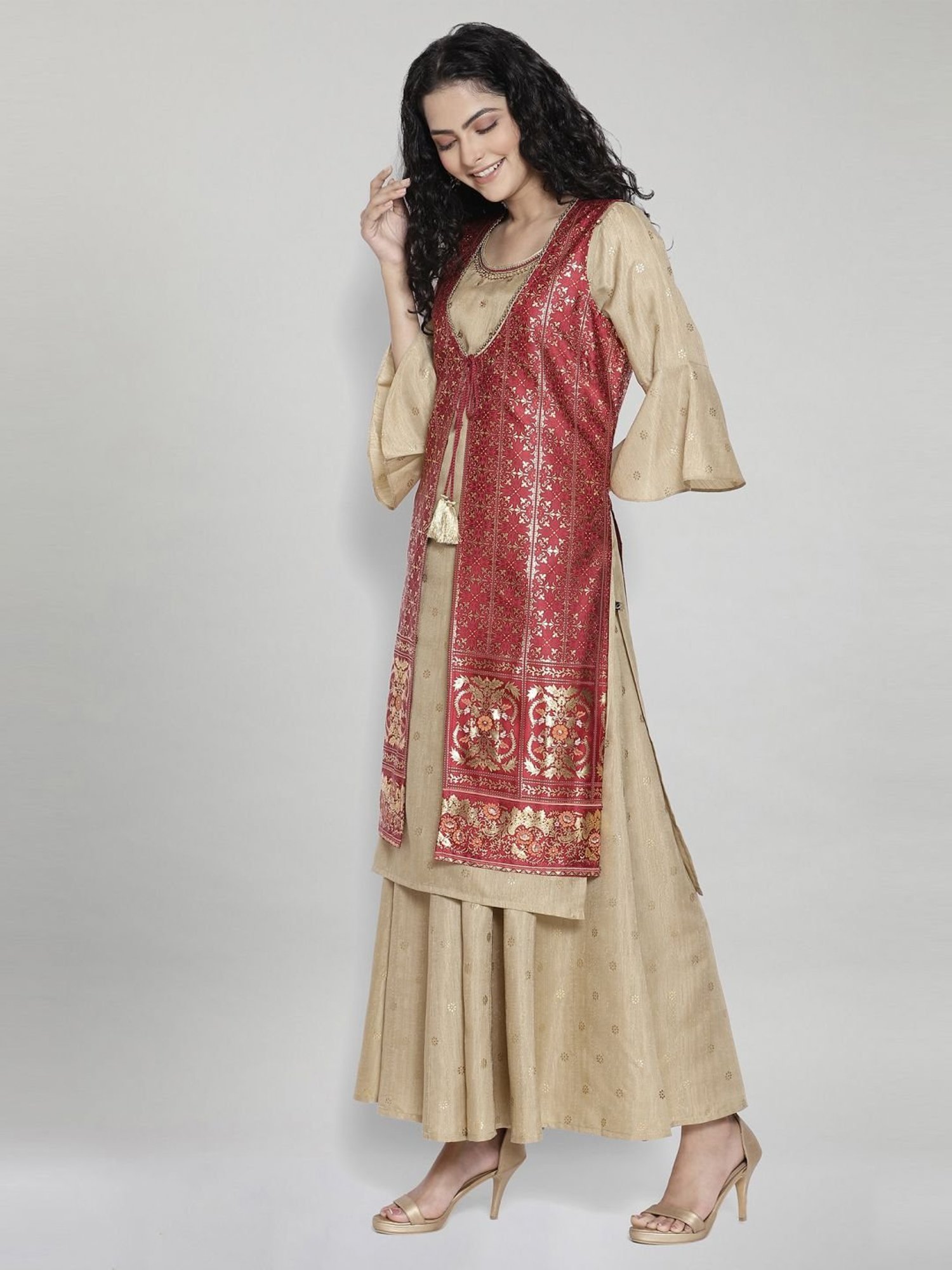 Aurelia Beige Embellished Kurta Palazzo Set With Gilet