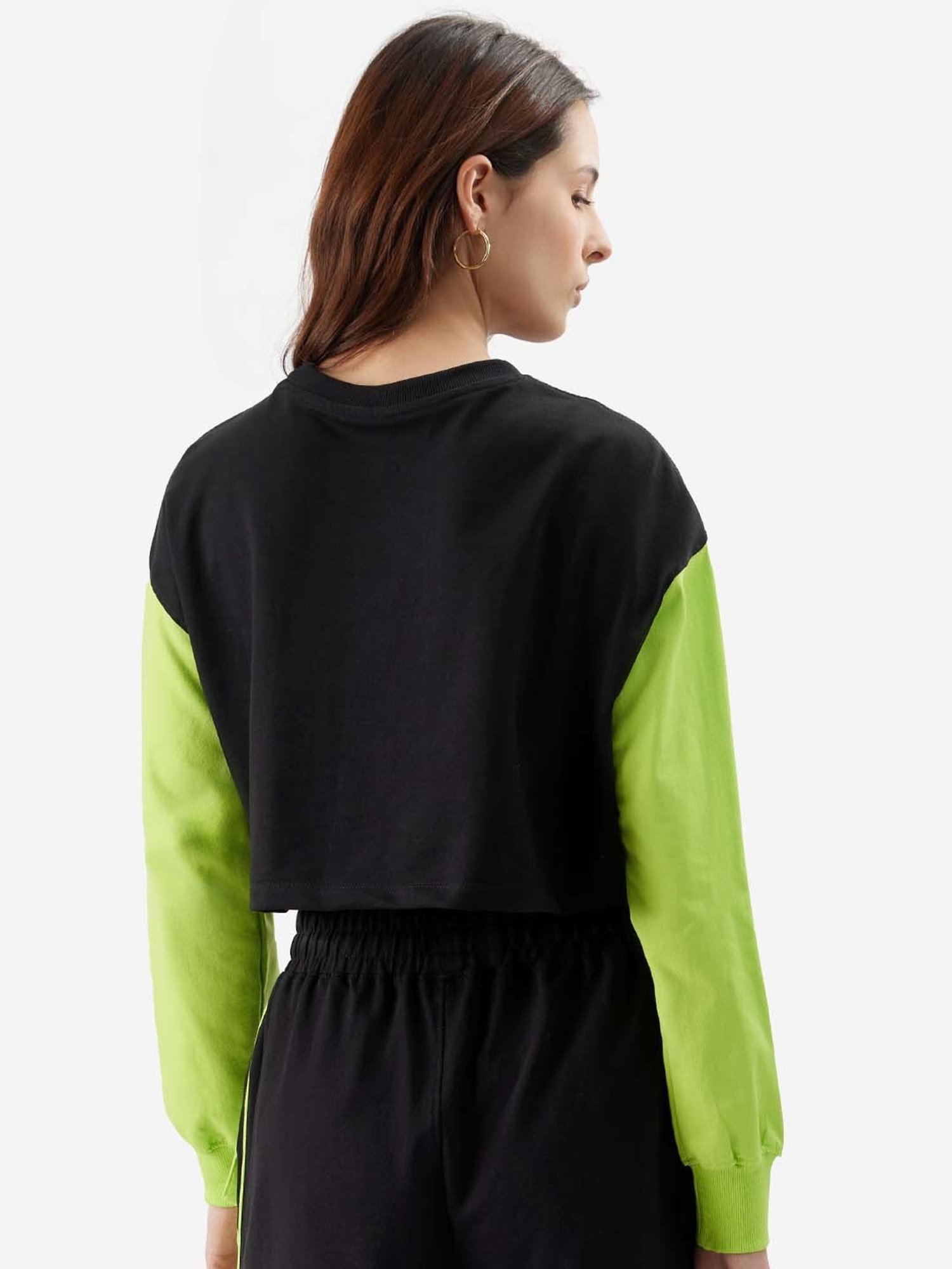 The Souled Store Black & Green Cotton Color-Block Cropped T-Shirt