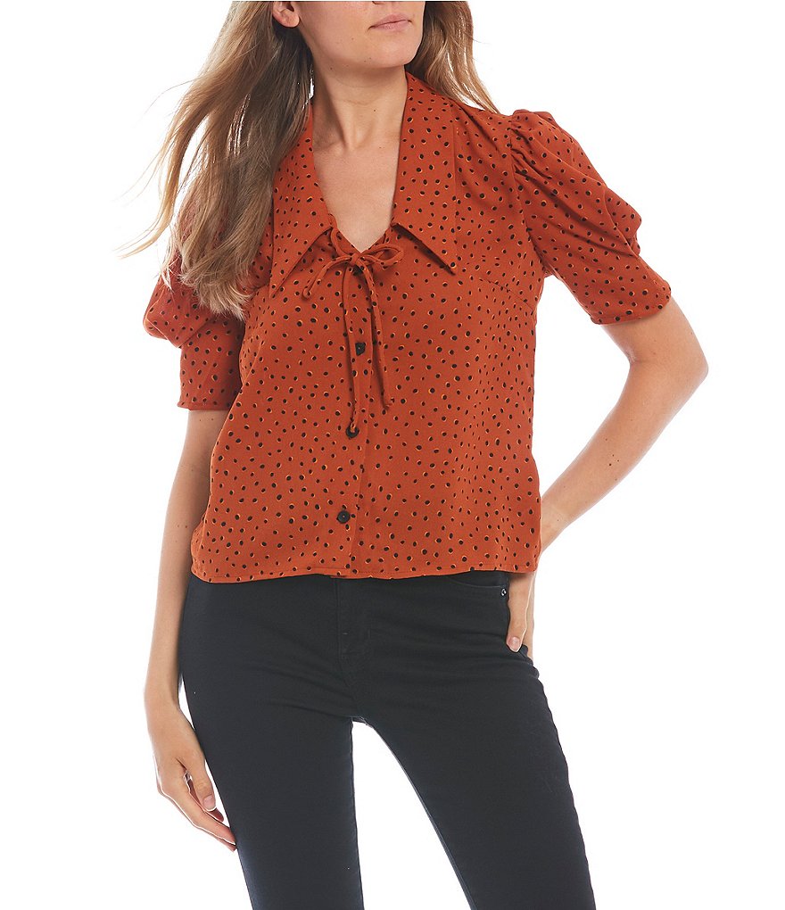 Good Luck Gem Dalmatian Print Button Front Short Sleeve Top