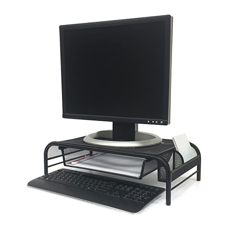 2MESHMON-BLK Metal Mesh Stand and Desk Organizer with Drawer, Monitor Riser, Black-2 Pack