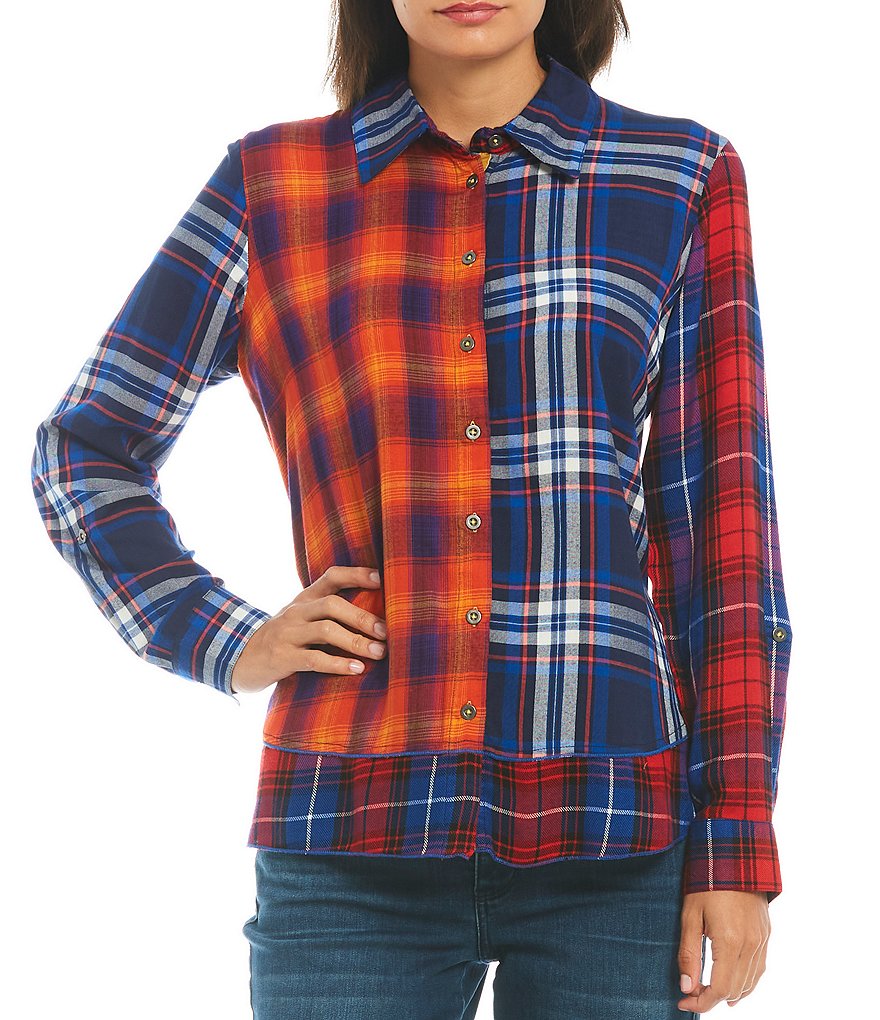 Tru Luxe Jeans Mixed Plaid Button Front Point Collar Long Sleeve Shirt