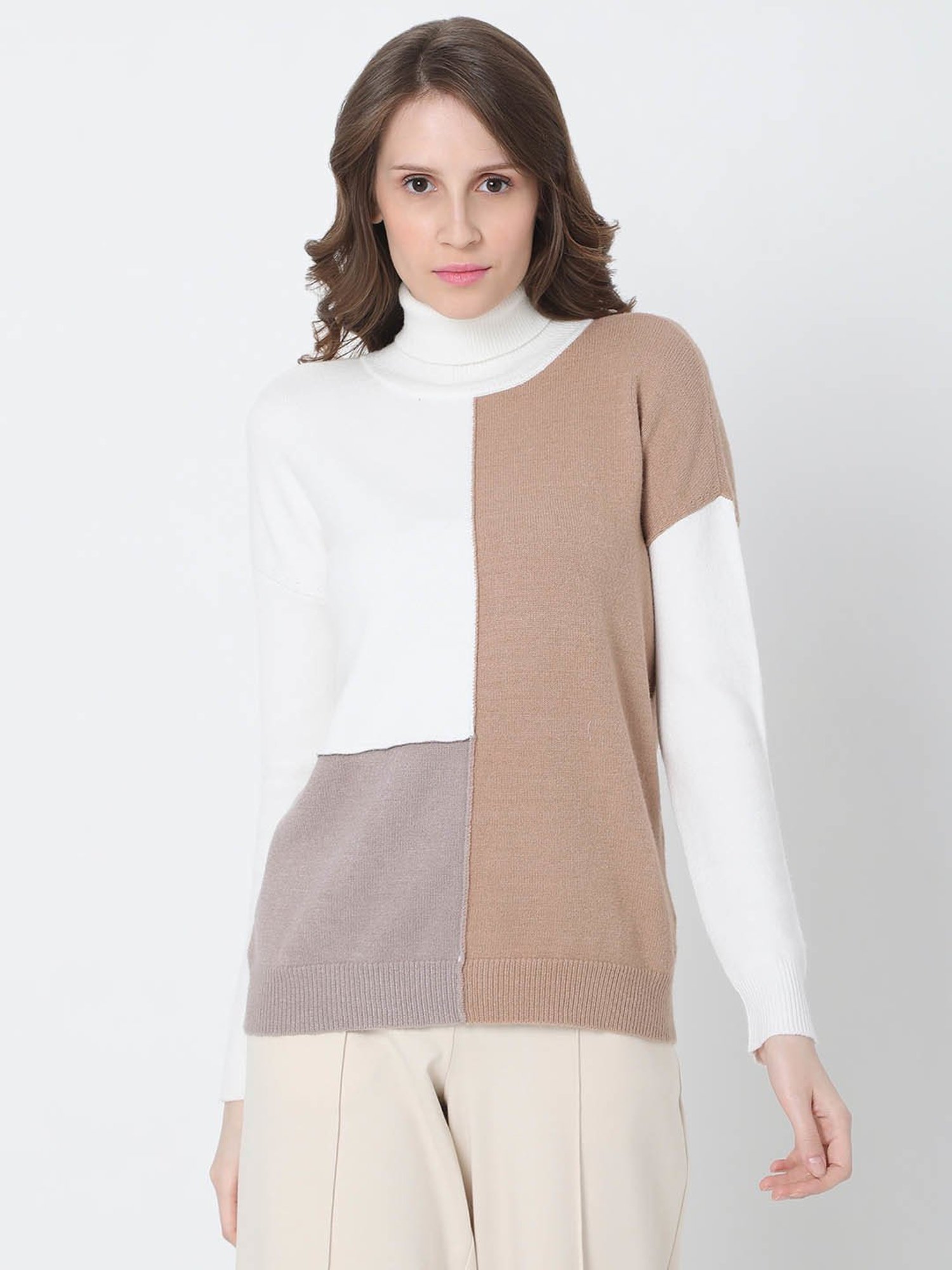 Vero Moda White & Beige Regular Fit Sweater