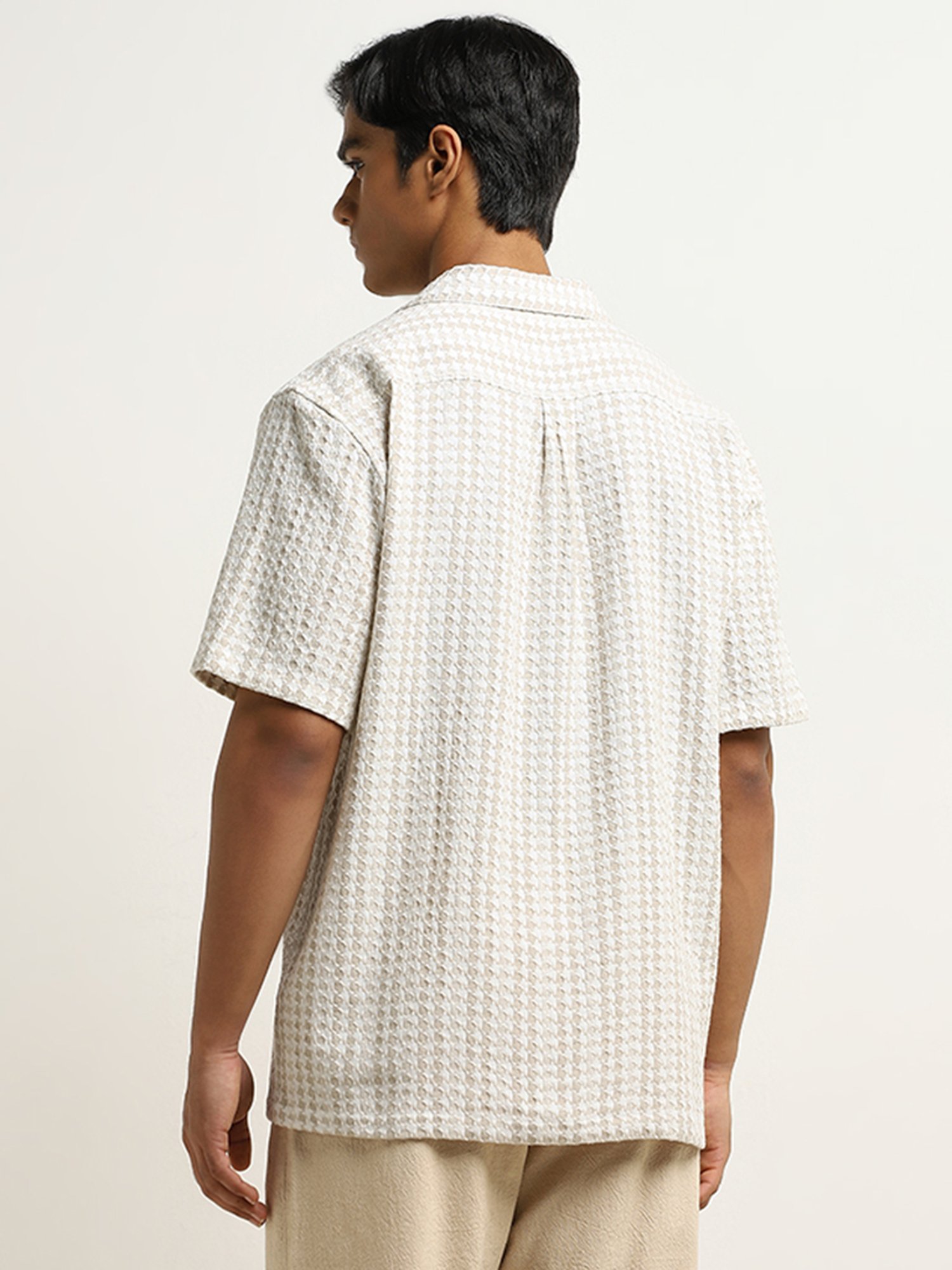 ETA by Westside Beige Houndstooth Design Relaxed-Fit Cotton Shirt