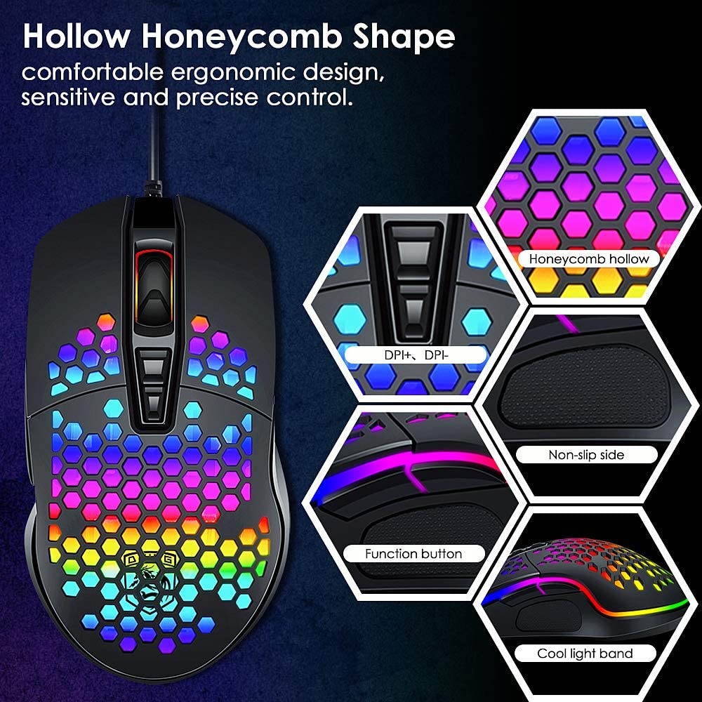Lightweight Gaming Mouse Wired Honeycomb Hollow RGB Streamer 6400 DPI Programming Optical Sensor Pixert 3325 78G for PC X-Box PS4 Gamer