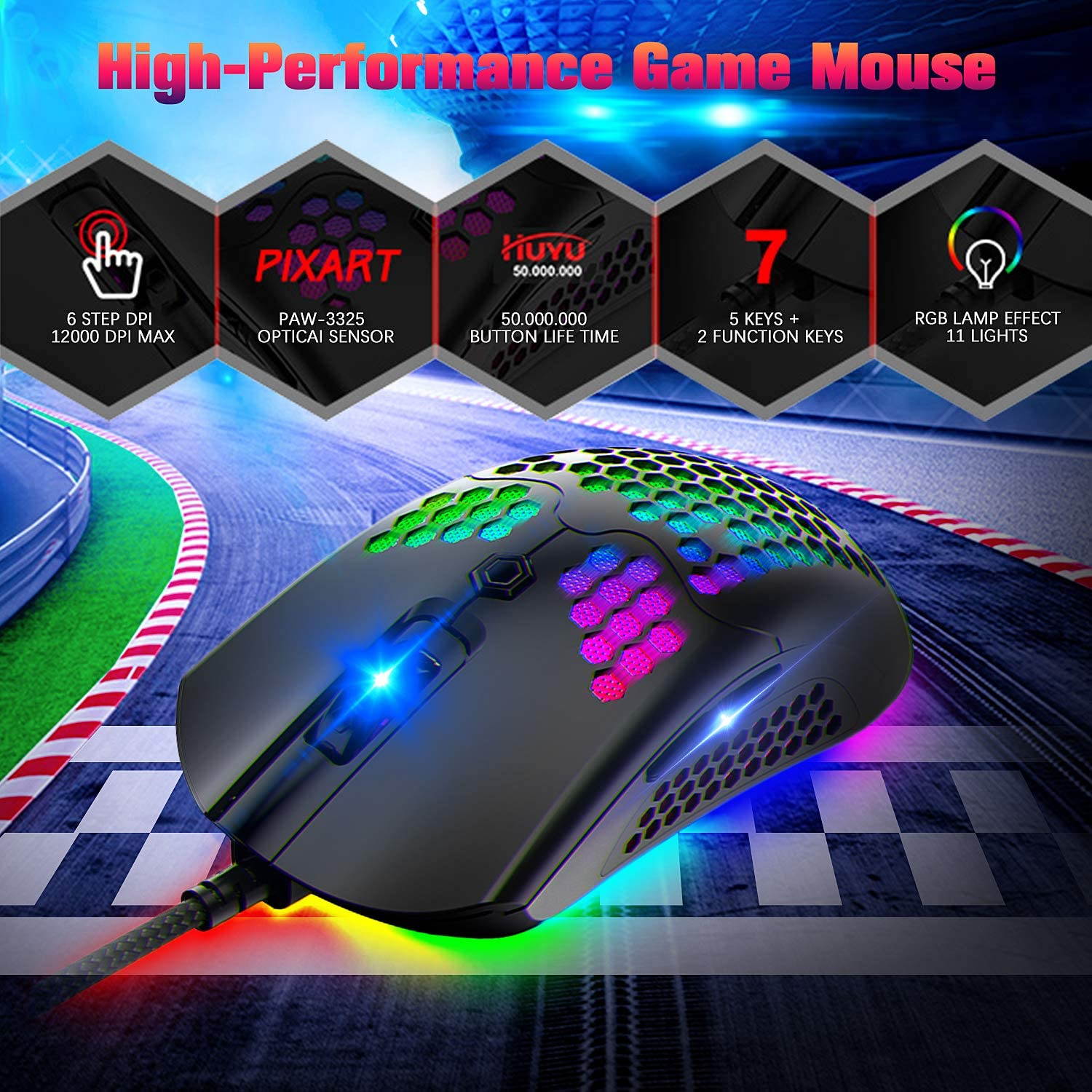 Wired Lightweight Gaming Mouse,26 RGB Backlit Mice with 7 Buttons Programmable Driver,PAW3325 12000DPI Mice,Ultralight Honeycomb Shell Ultraweave Cable Mouse for PC Gamers and Xbox and PS4 Users