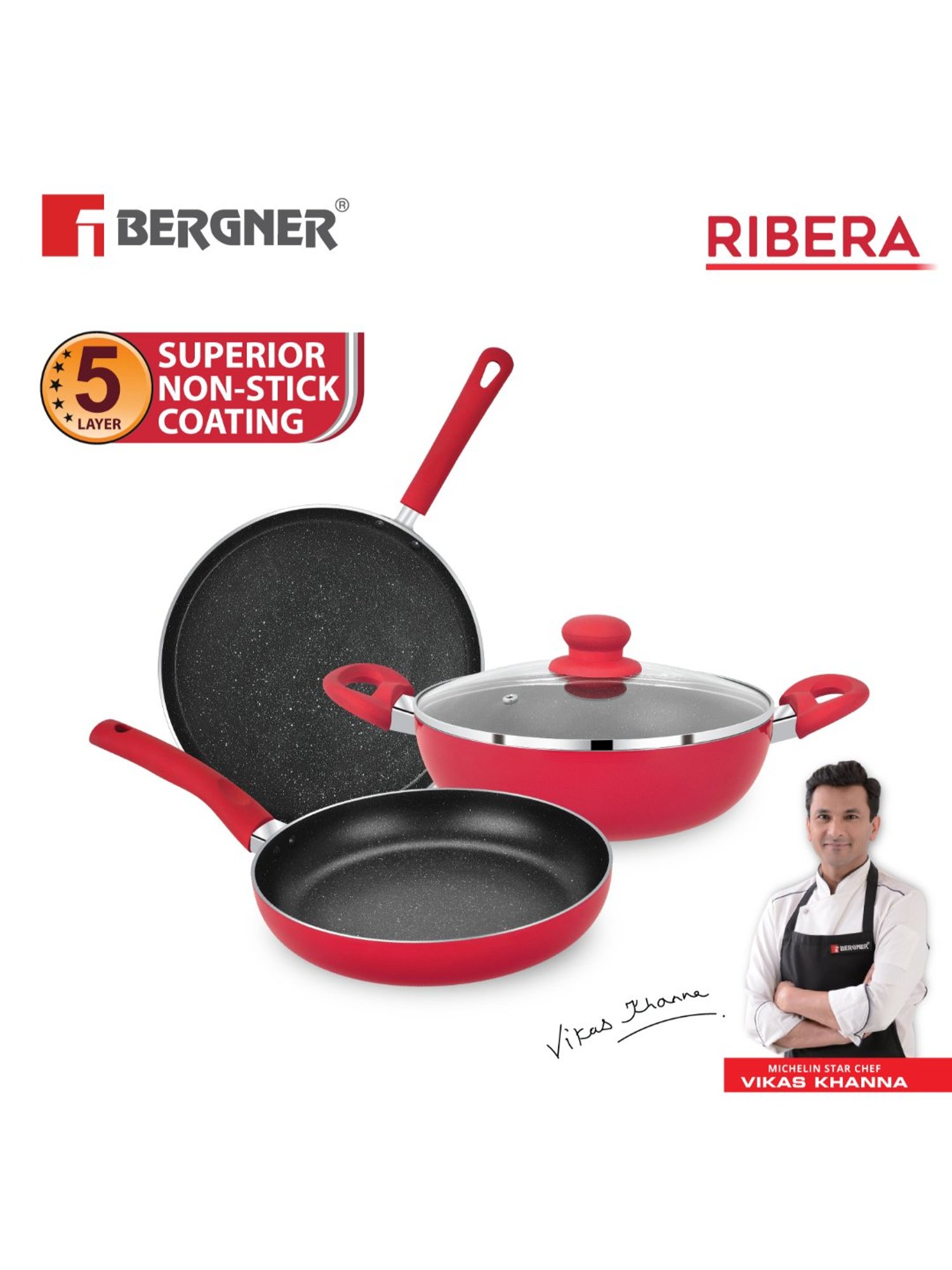Bergner Ribera Red Non Stick Aluminium Induction Base Cookware Set of - 4 (2.6L)