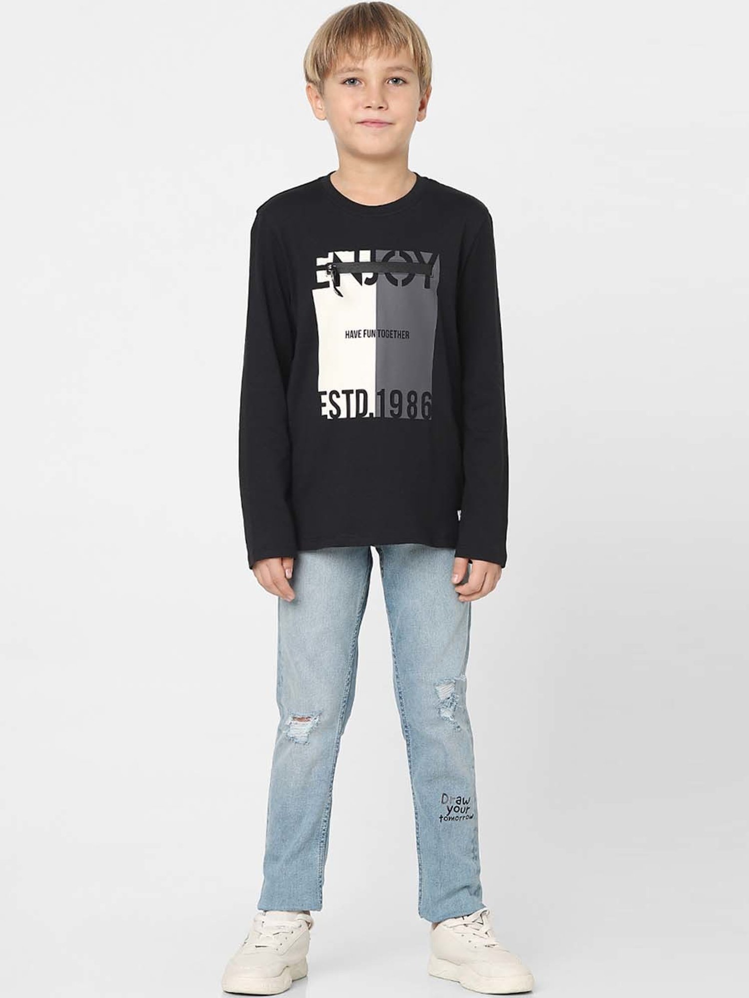Jack & Jones Junior Boys Black & White Cotton Printed Full Sleeves T-Shirt