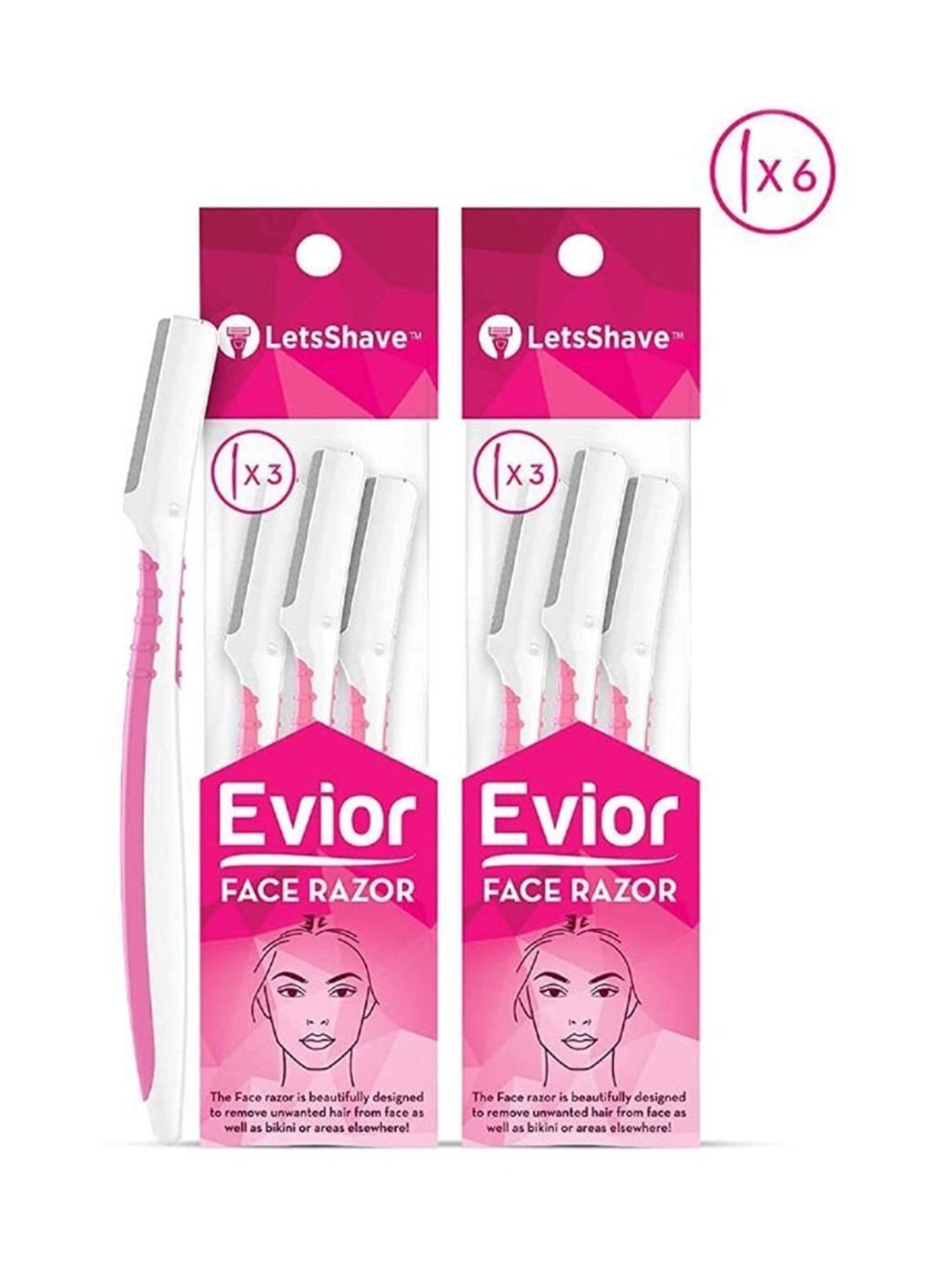 LetsShave Evior Women Face Razor - Pack of 6 (White/Pink)