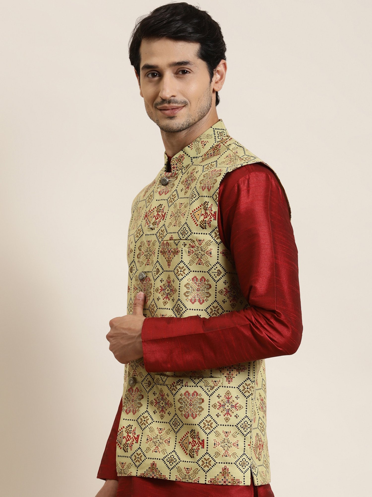 Sojanya Green Cotton Linen Regular Fit Self Pattern Nehru Jacket