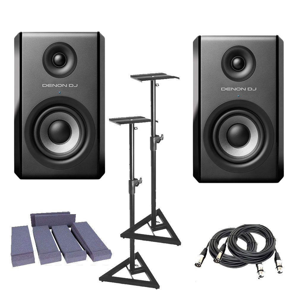Denon DJ SM50 | Bi-Amplified Reference Monitor (Pair) W/ Stand + (2) XLR Cables + Insolation Pads