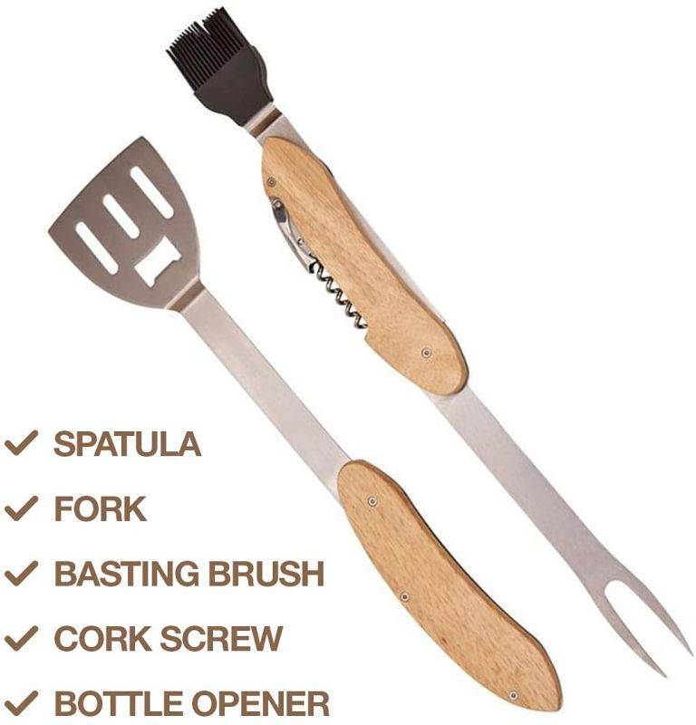 5 in 1 Multifunction BBQ Grill Tool Set, Stainless Steel Spatula, Fork, Basting Brush Cork Screw Camping Accessories for Outdoor Barbecue Camping Grill Cooking Utensils Set, Men Grilling Accessories