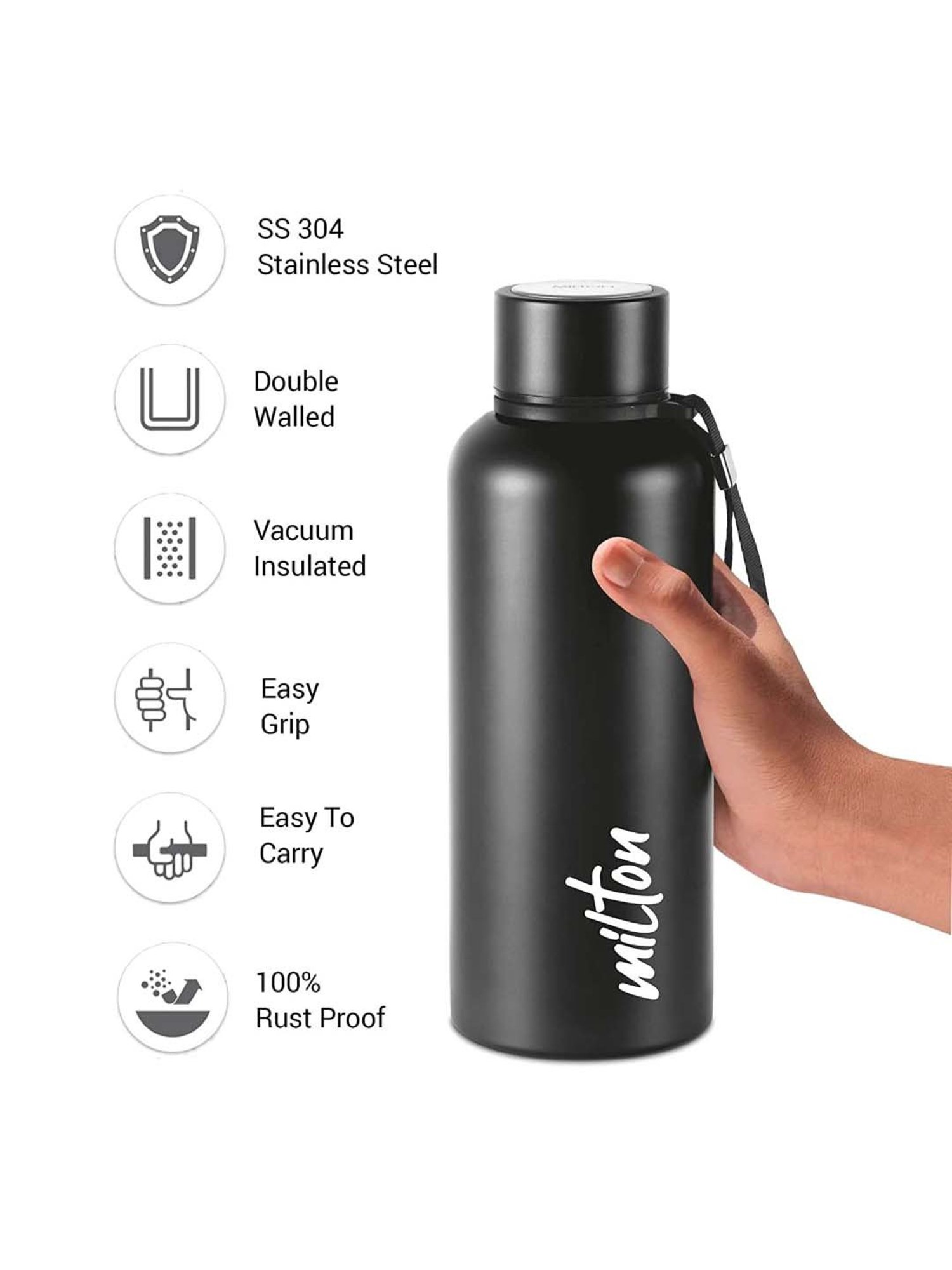 Milton Aura 750 Black Stainless Steel Hot & Cold Insulated Water Bottle (0.75 L)