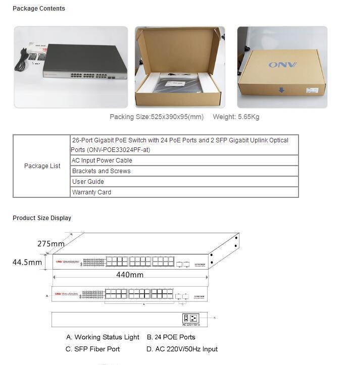 30W/ONV-POE33024PF-at 24x 10/100/1000M RJ45 PoE Ports+2x 10/100/1000M SFP Uplink Fiber Ports POE Switch