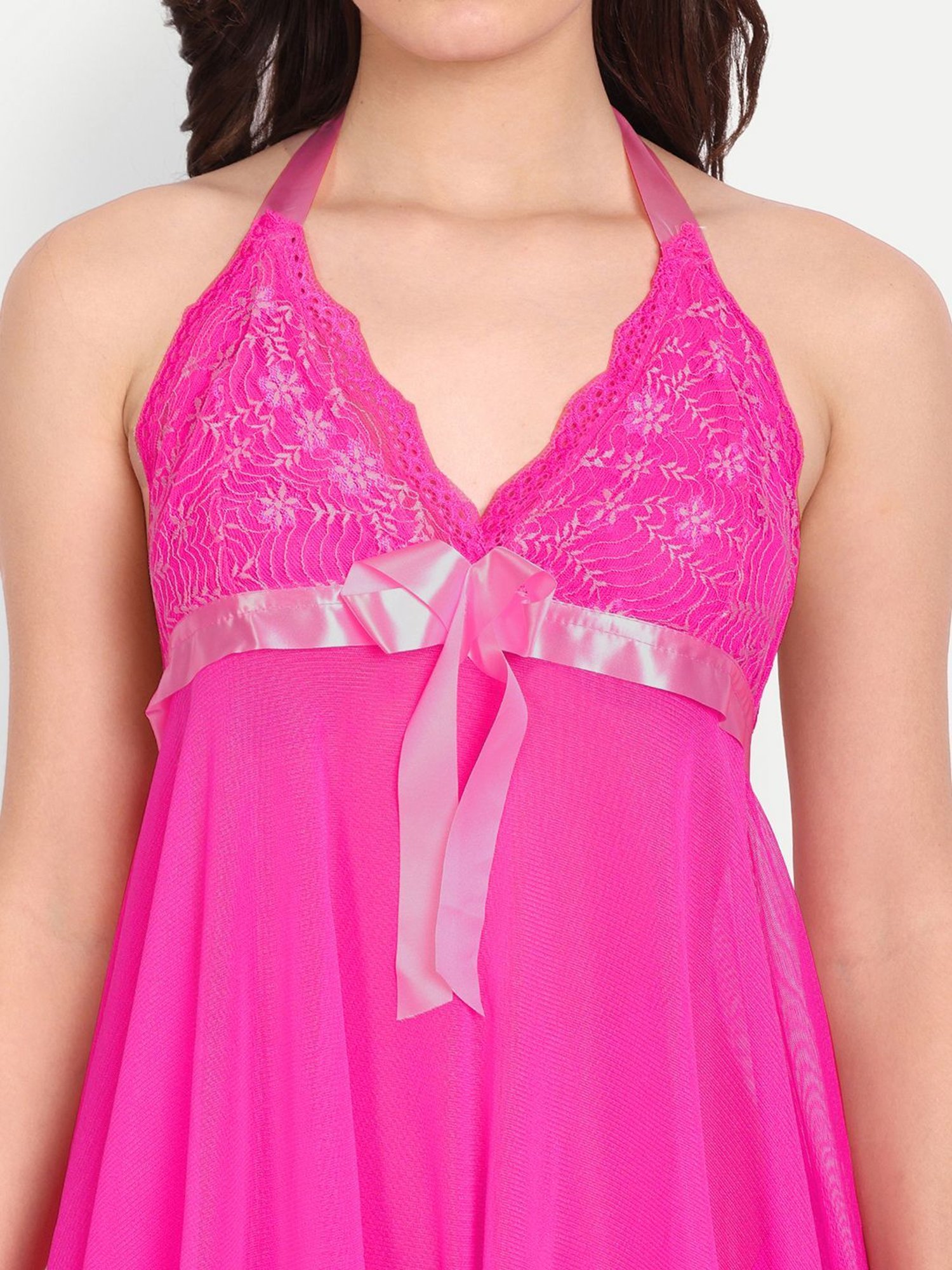 FIMS: Fashion is my Style Fuchsia & Maroon Lace Work Babydoll With Thong