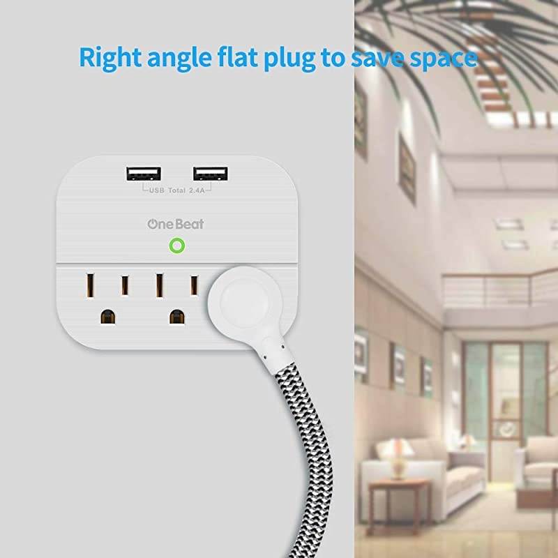 Strip 2 Pack, Desktop Charging Station with 3 Outlet 4 USB Ports 4.5A, Flat Plug, 5 ft Long Braided Extension Cord for Cruise Ship Travel Home Office, ETL Listed, White