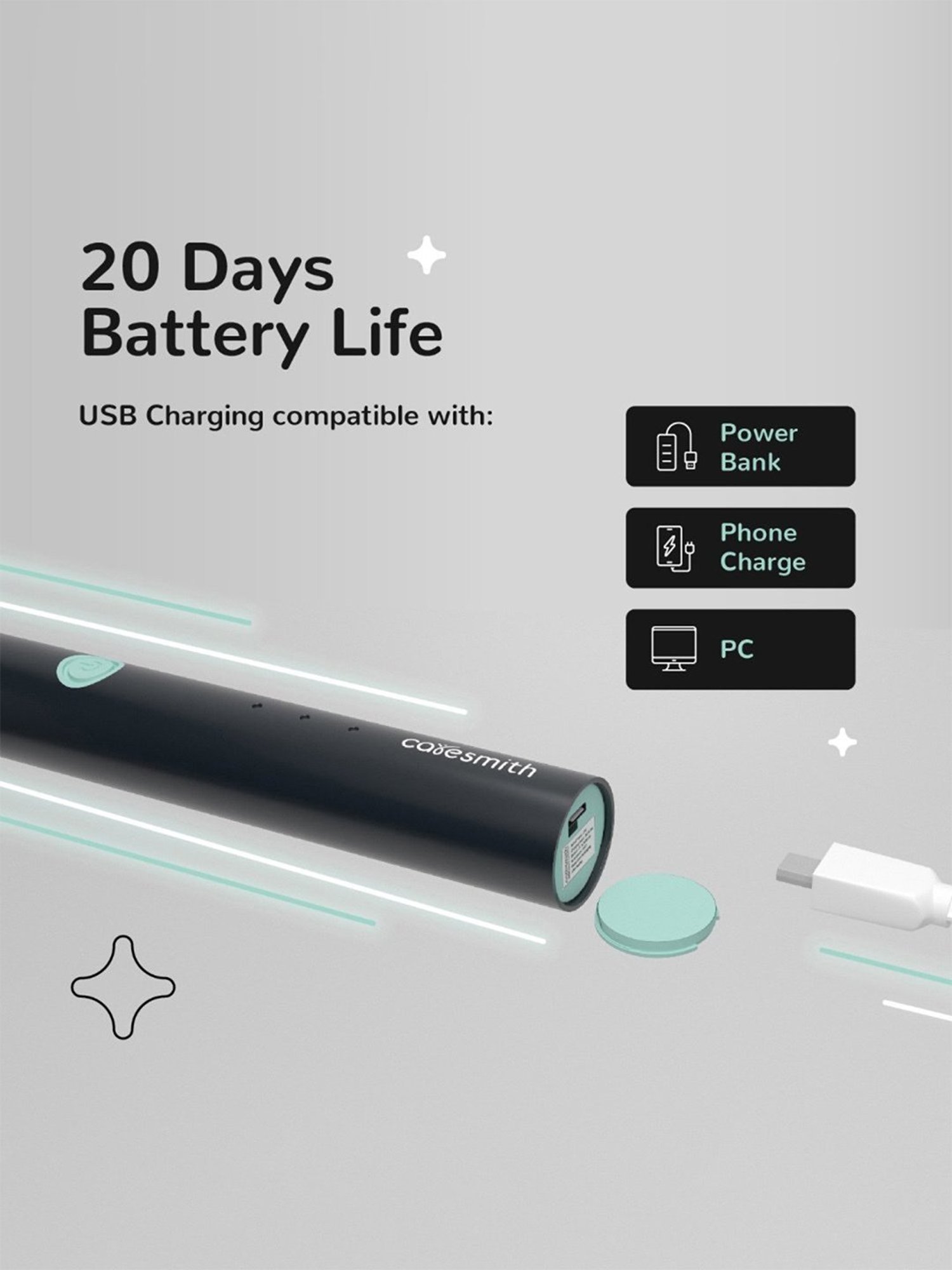 Caresmith Spark Rechargeable Electric Toothbrush with 2 Brush Heads (Black)