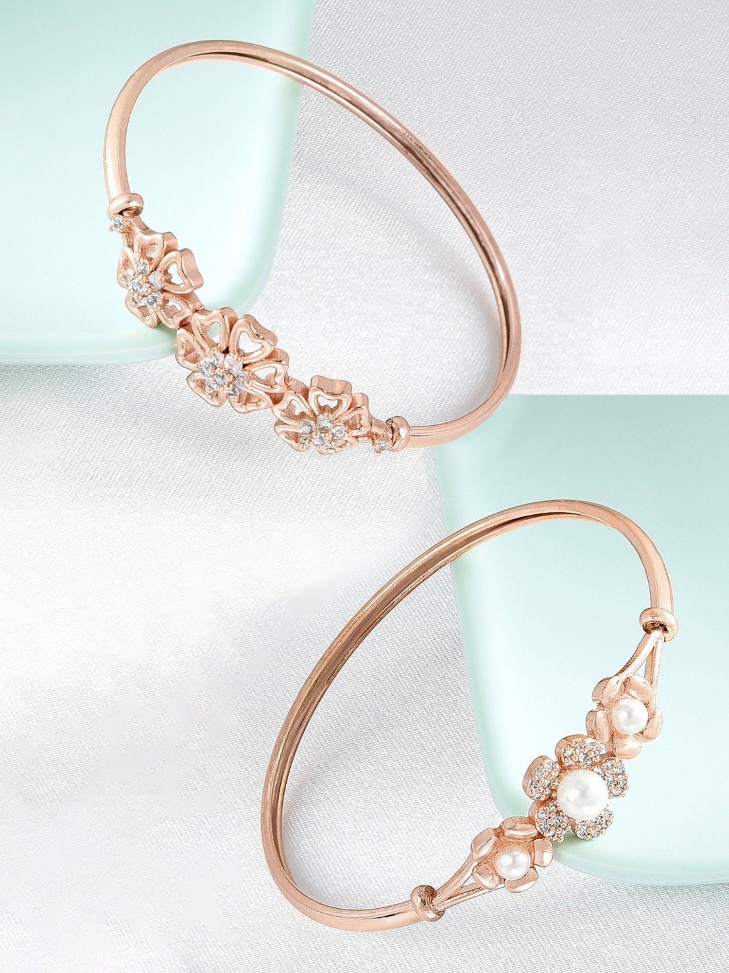 Zaveri Pearls Set of 2 Rose Gold Cubic Zirconia Contemporary Kada Style Bracelets - ZPFK13465