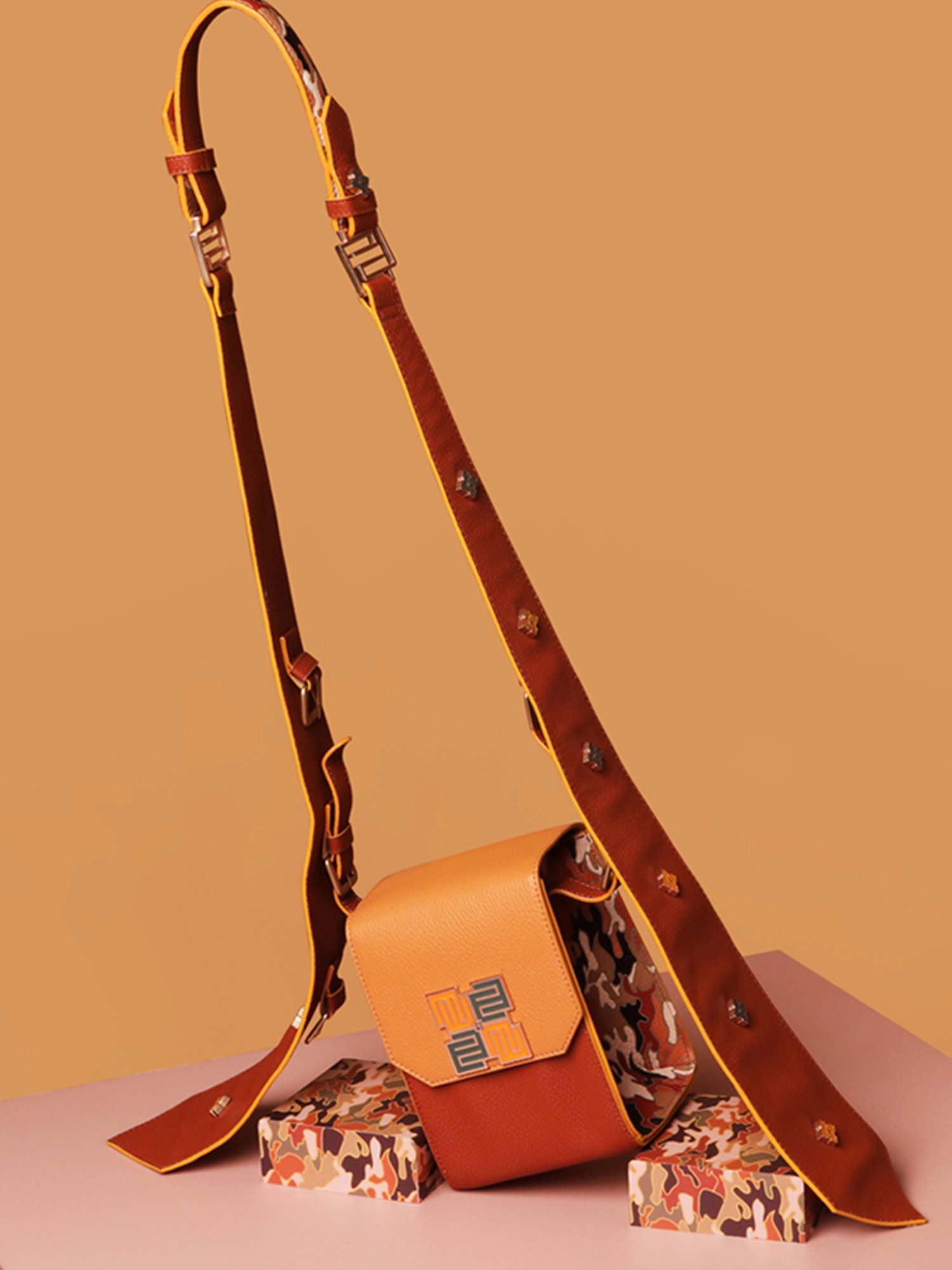 Eume Mocha Tangerine Camo Vegan Leather Satchel Handbag