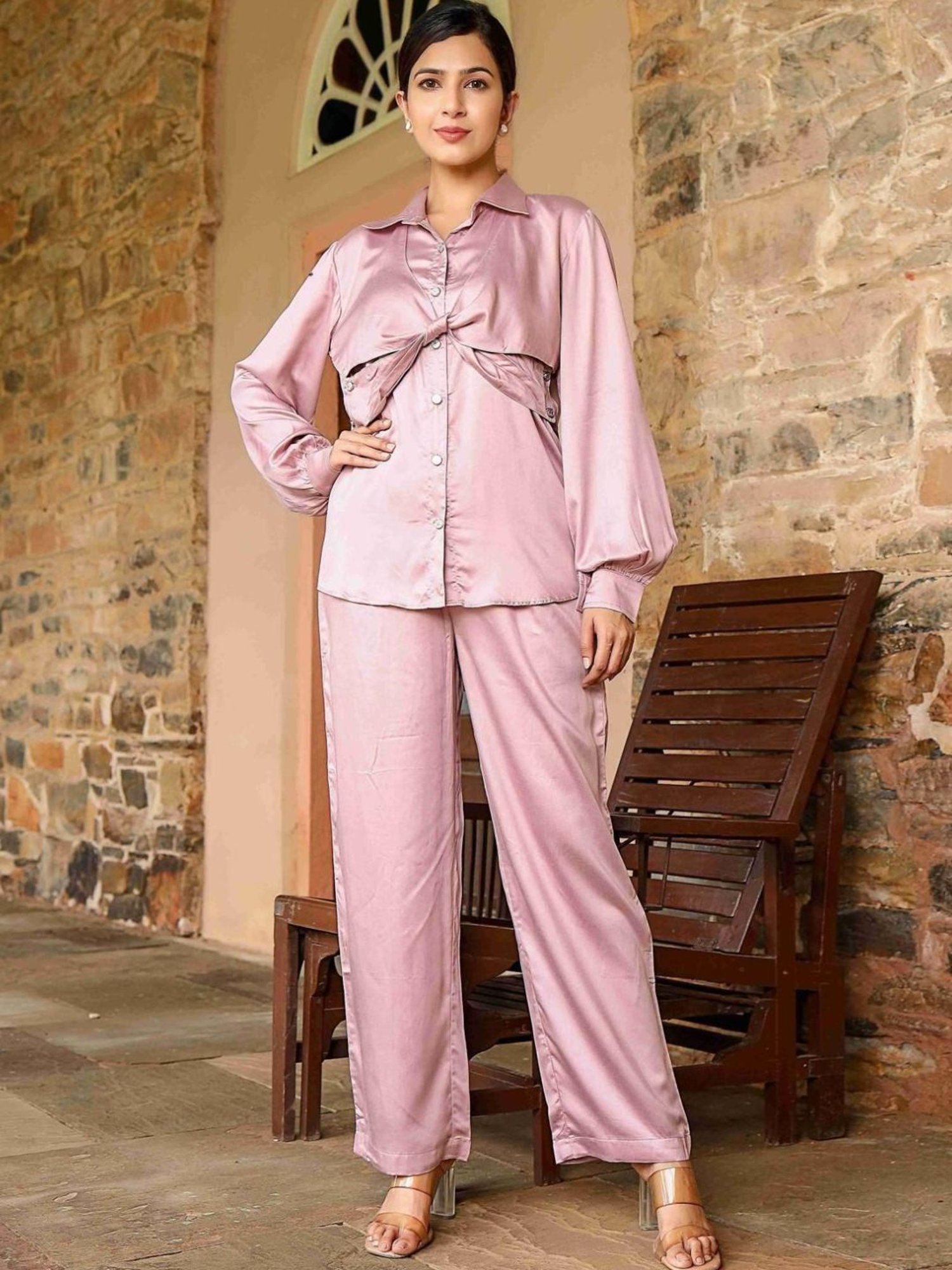 Artagai Midnight Navy Elevated Basics Co-Ord Set With Notch Collar Top And Straight Pants